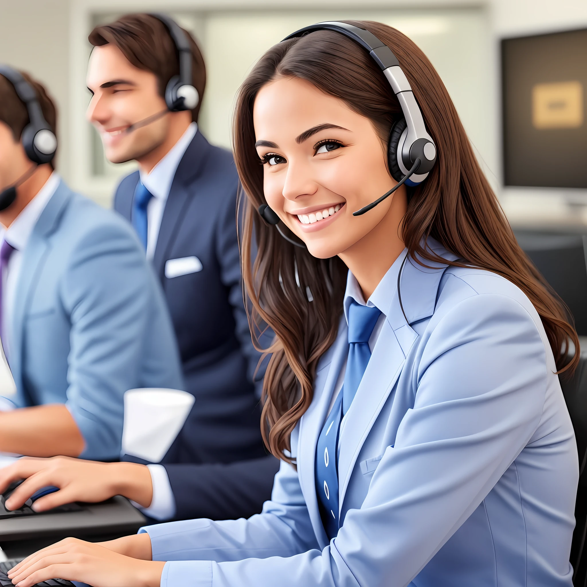 smiling woman wearing a headset and a man in a suit, working in a call center, wearing a headset, wearing a headset, friendly warm expression, taking control while smiling, in a call center office, welcome smile, customers, professional closeup photo, charming smile, professional profile picture, high quality image,  welcome smile, professional photo, call now, she's smiling, customer --auto --s2
