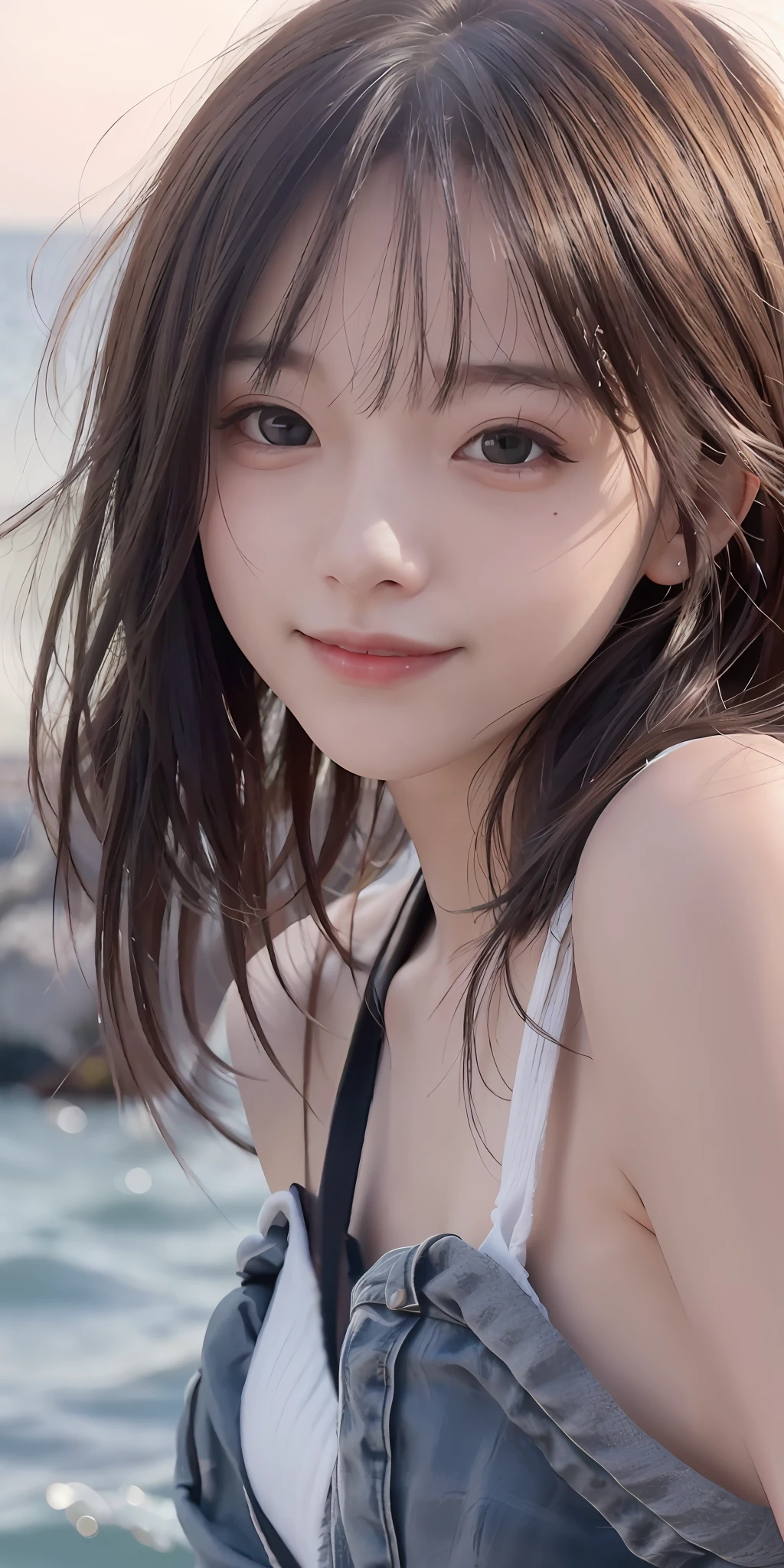 RAW Photography, Cute Girl Long Shot Portrait Photography, Smiling, Sally, (Lust), Slim Body, (Sea Background), (High Detail Skin: 1.2), 8k UHD, DSLR, Soft Lighting, High Quality, Film Grain, Fujifilm XT3