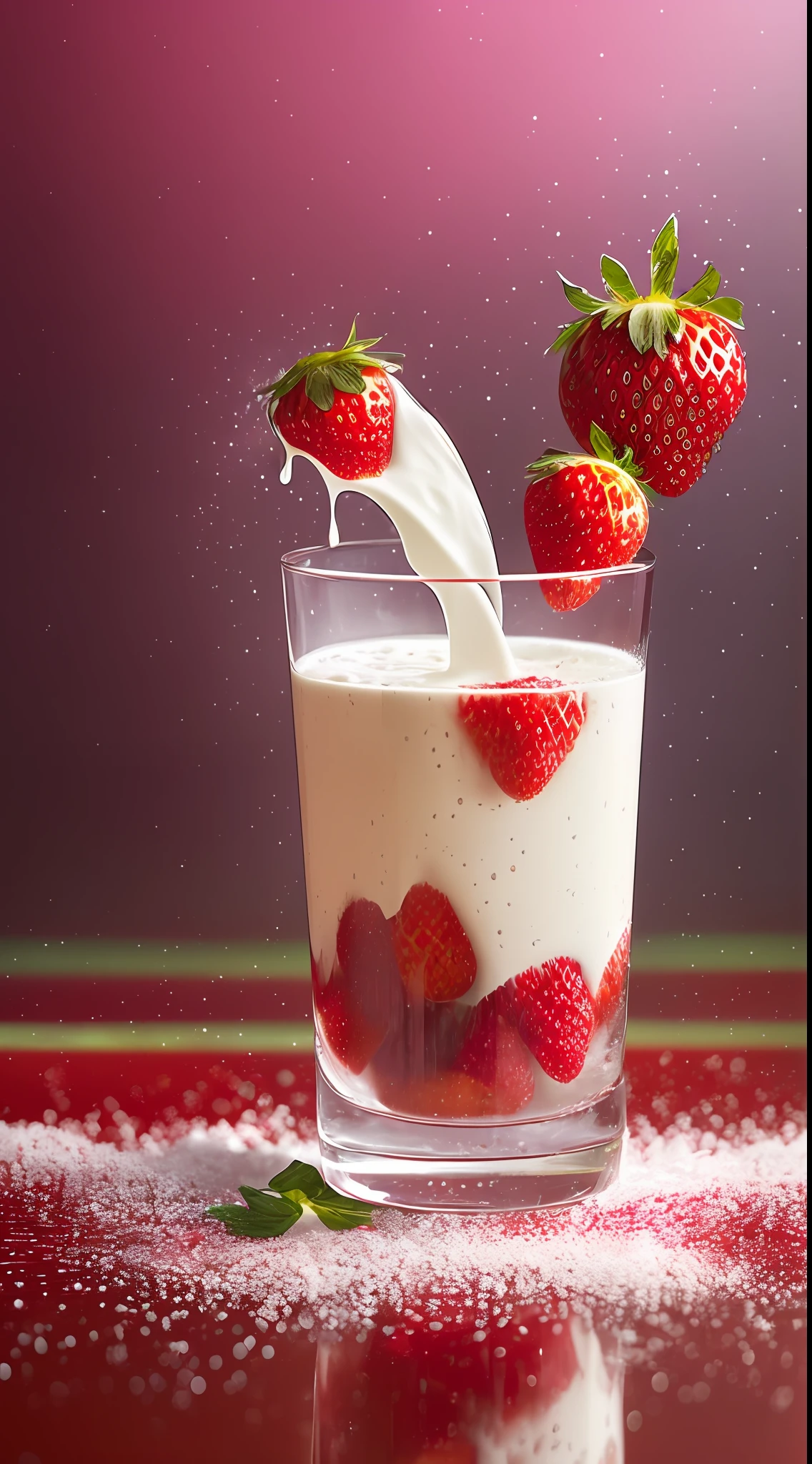 (Magical Photo:1.3) of (Realistic:1.3),(Energetic:1.3) product photography of a strawberries falling into a glass of milk, splash, intricate, epic,(by Artist RHADS:1.3),Highly Detailed,(Provia:1.3) --auto --s2