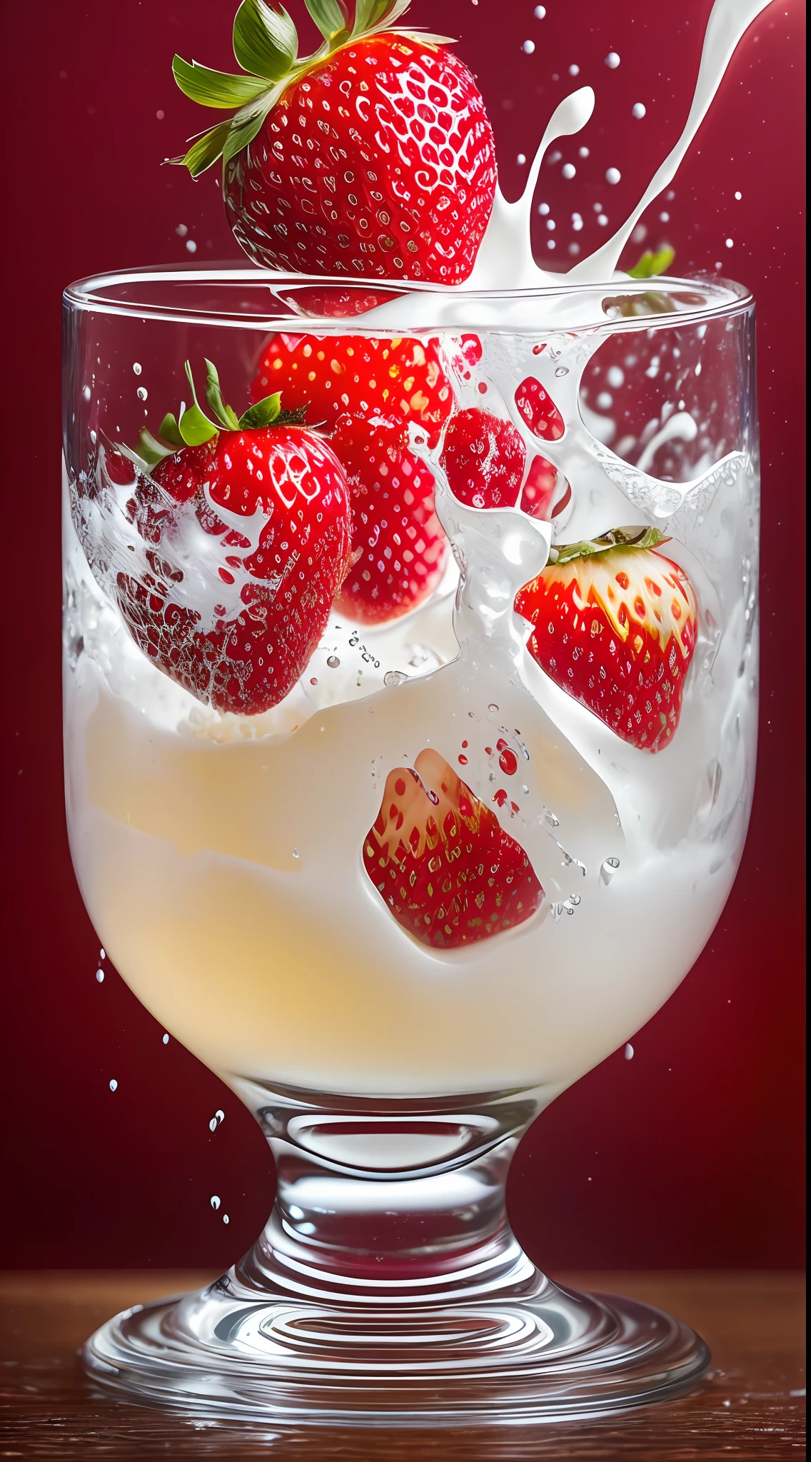 (Magical Photo:1.3) of (Realistic:1.3),(Energetic:1.3) product photography of a strawberries falling into a glass of milk, splash, intricate, epic,(by Artist RHADS:1.3),Highly Detailed,(Provia:1.3) --auto --s2