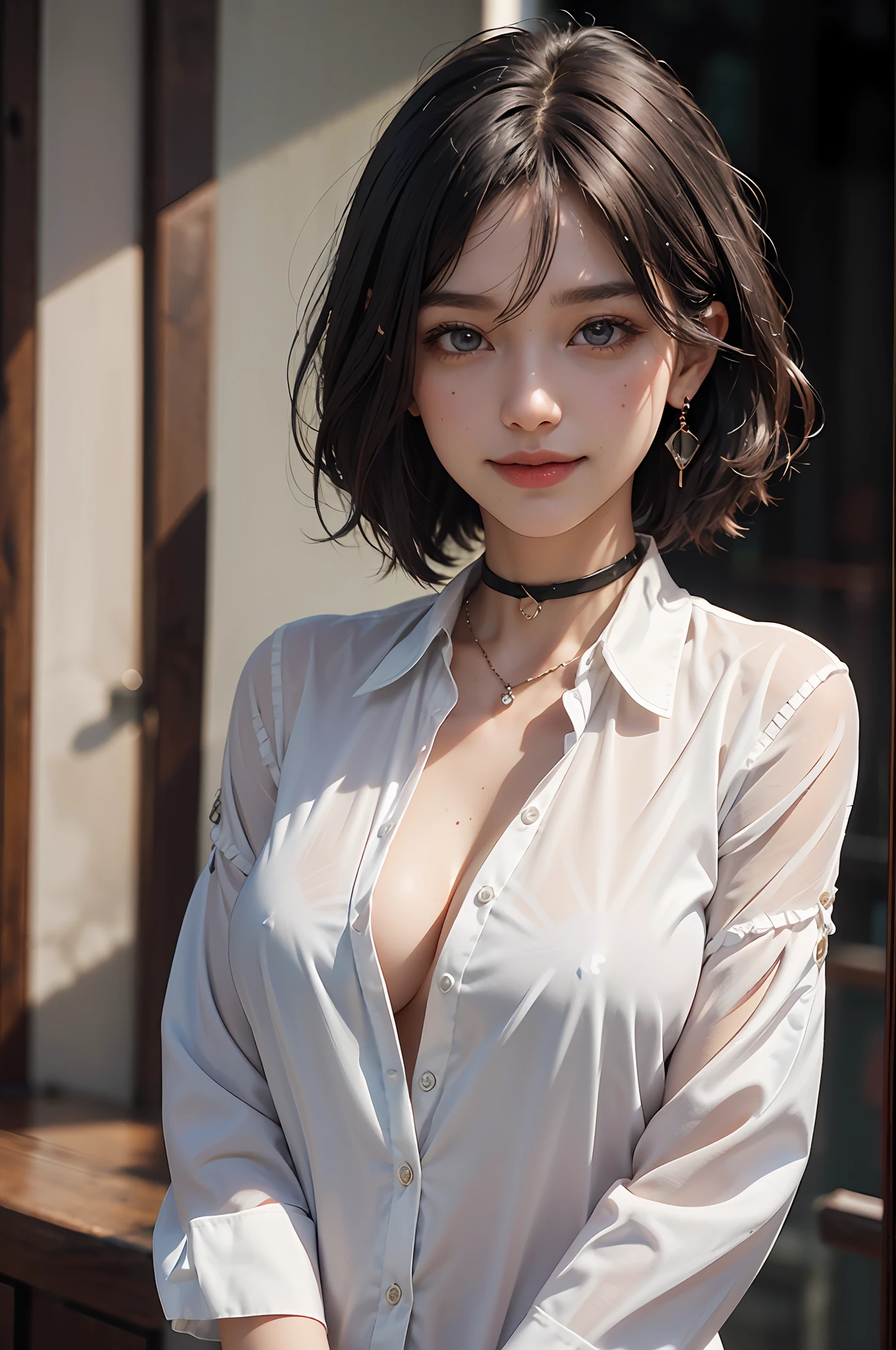 (buttons up to shirt length: 1.2), (rain-soaked white shirt), (unbuttoned shirt: 1.1), big, deep cleavage, top quality, masterpiece, illustration, very delicate and beautiful, very detailed, cg, unity, 8k wallpaper, amazing, fine detail, highly detailed CG Unity 8K wallpaper, huge file size, very detailed, high resolution, handsome detailed woman, Highly detailed eyes and face, stunning detailed eyes, face light, (best illustration: 1.1), (best shadow: 1.1), ultra high resolution, (photorealistic: 1.1), (photorealistic 1.2:1.1), realistic face proportions, slim, smile, (makeup: 0.4), (fluffy black eyes: 1.21), bangs, forehead, short hair, short bob, pale colored eyes, crystal clear eyes, teeth, smile, smiling, looking viewer, dark brown hair, moles, earrings, choker, necklace, hairpin, cowboy shot, (irregular irregular skin imperfections, veins, wrinkles on skin: pores: 1.2), (bokeh: 1.4), light background, windowsill, skin gloss, large ribbon