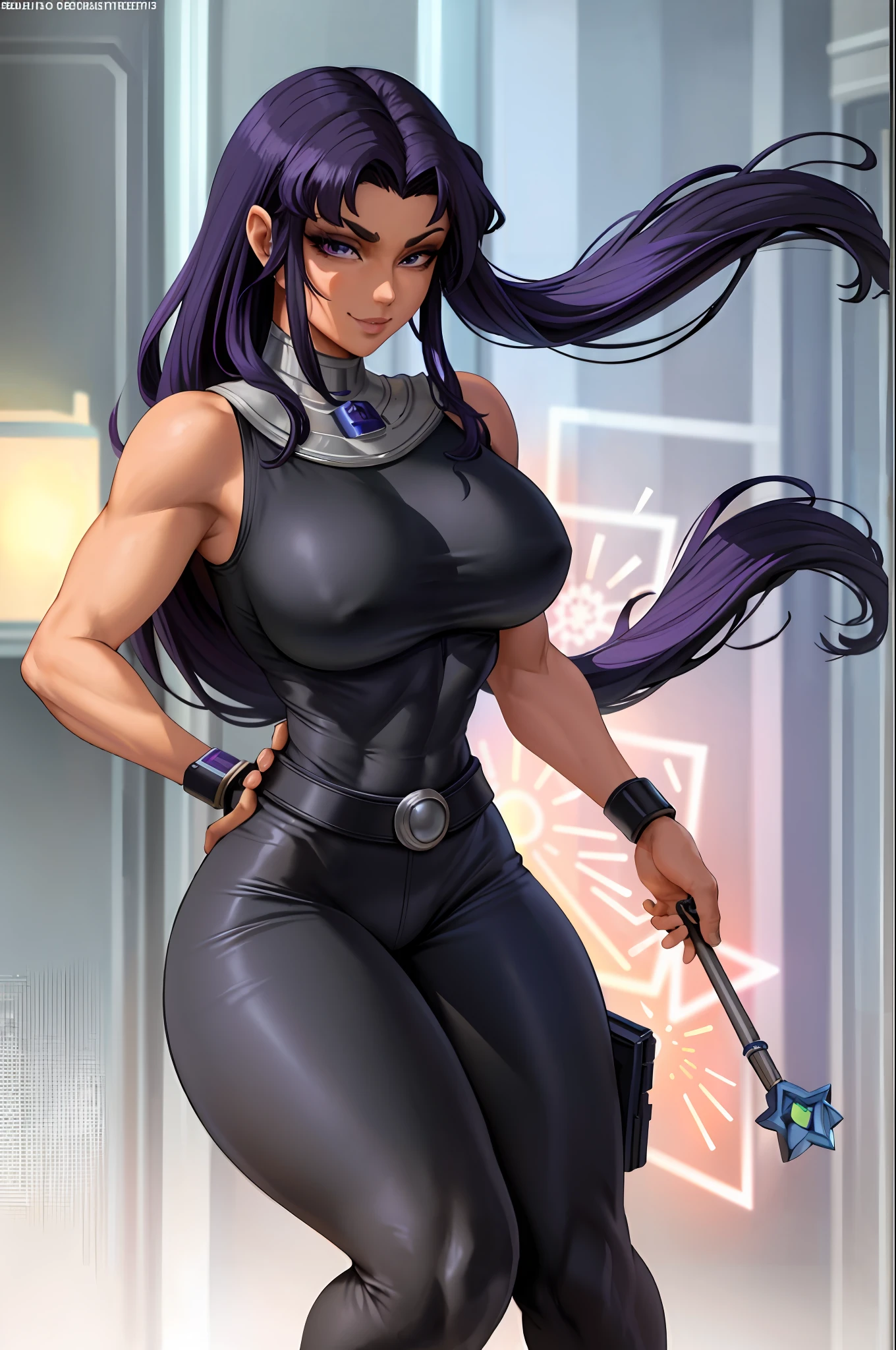 beautiful, (masterpiece:1.2), (best quality:1.2), perfect eyes, perfect face, perfect lighting, 1girl, armor, breasts, cropped legs, curvy, bodysuit, black leggings, bracers, dark-skinned female, dark skin, gorget, hand on hip, huge breasts, long hair, makeup, black hair, purple hair, sidelocks, smile, solo, thick thighs,