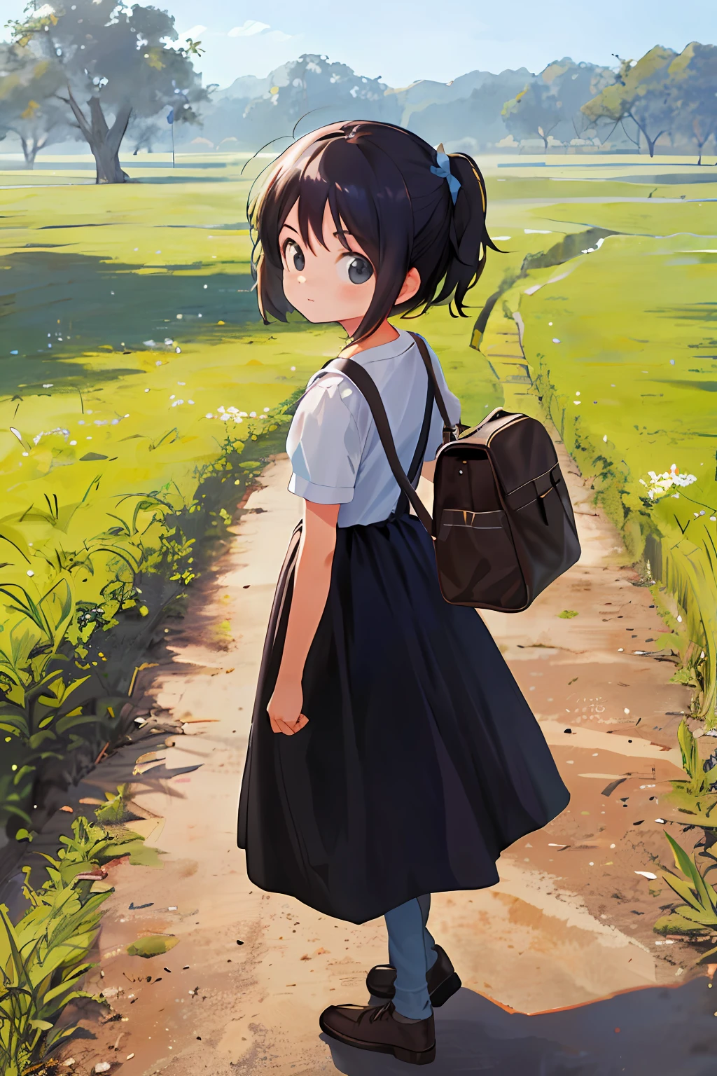 A cute  girl, carrying a school bag, on her way to school