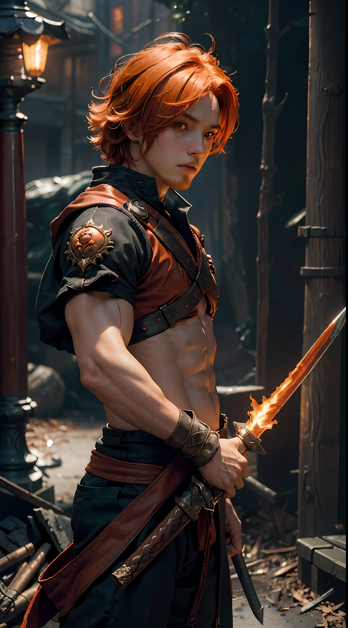 Best quality, masterpiece, ultra high res, (photorealistic:1.4), raw photo, 1boy, weapon master boy, cinematic lighting, ((male)), fierce, holding a pole, earth element, fiery orange elemental hair, medium hair, chaos bender, assassin clothes