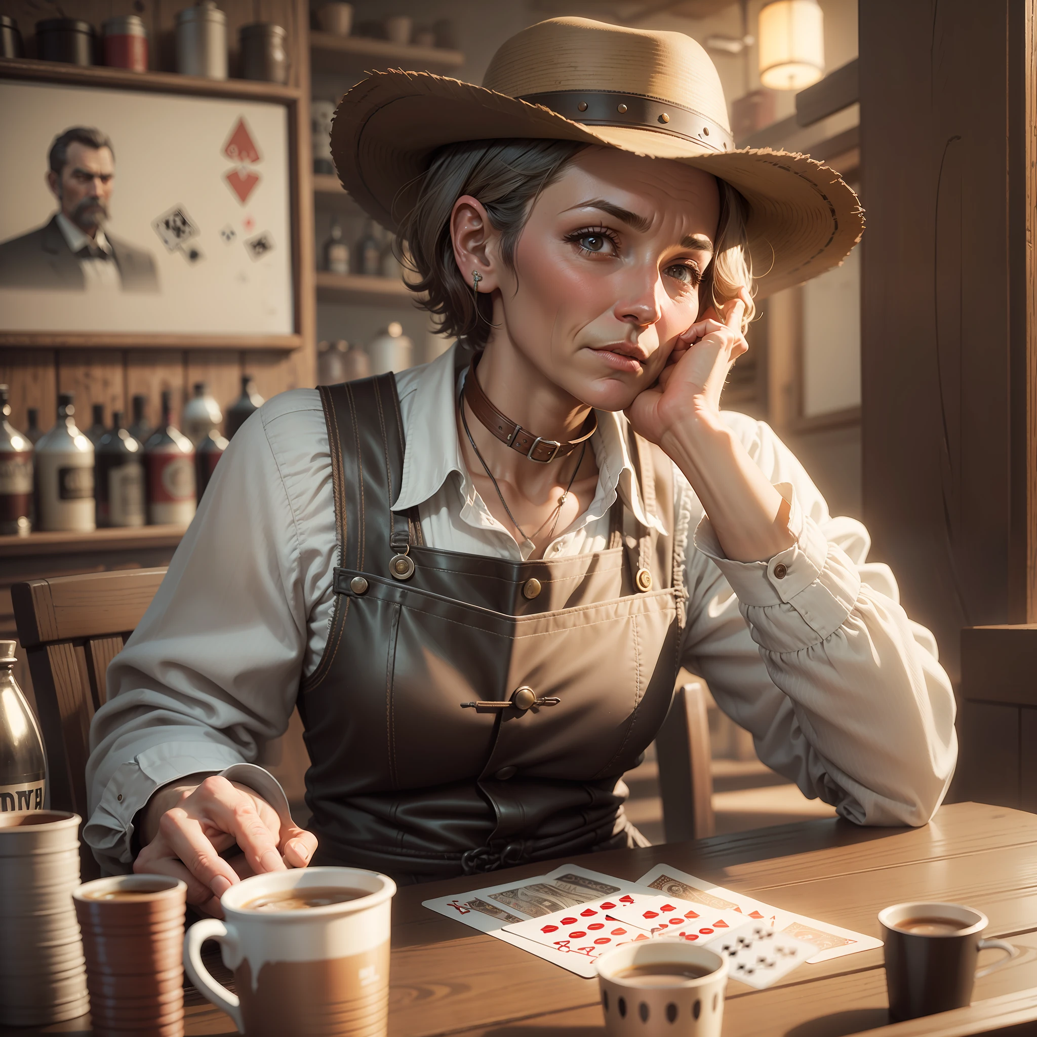 Old Bartender,Short Hair in a Saloon in the Old West,Playing Piano,Coffee Cup,Table,Poker,Playing Cards,Dust,Artwork,3D,4K,Detailed,Realistic