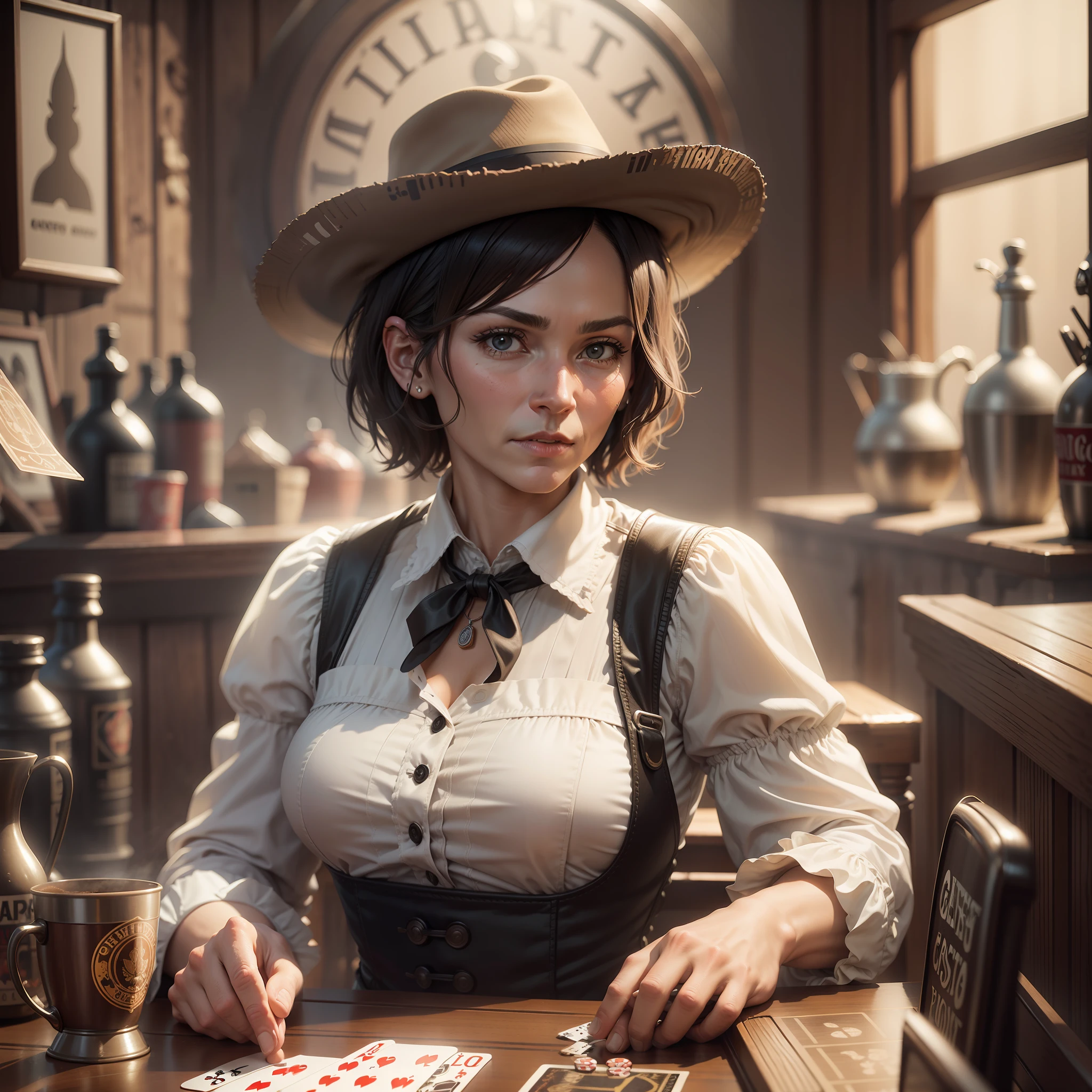 Old Bartender,Short Hair in a Saloon in the Old West,Playing Piano,Coffee Cup,Table,Poker,Playing Cards,Dust,Artwork,3D,4K,Detailed,Realistic