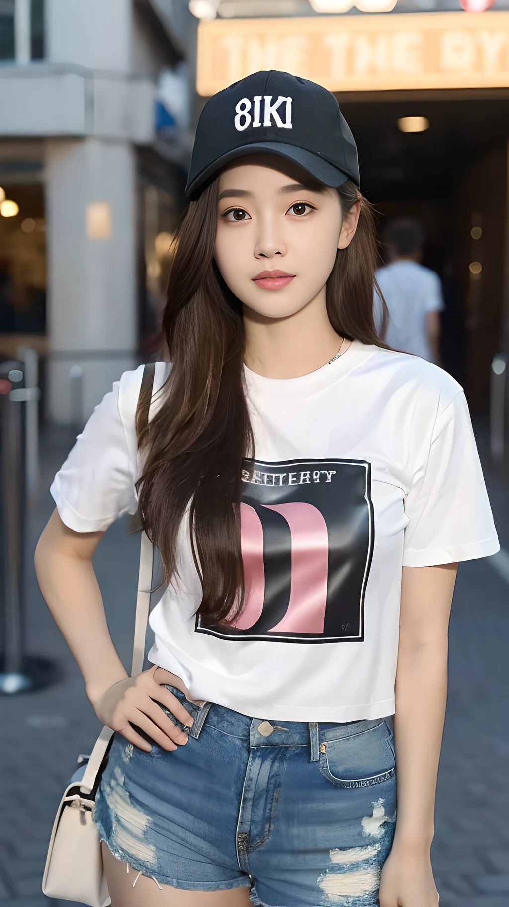 ((Best Quality, 8K, Masterpiece: 1.3)), (Baseball Cap: 1.3), Focus: 1.2, Perfect Body Beauty: 1.4, Buttocks: 1.2, (Layered Haircut: 1.2)), , (Dark Street: 1.3), Highly Detailed Face and Skin Texture, Full Body, Delicate Eyes, Double Eyelids, Whitened Skin, Long Hair, (Round Face: 1.5), (Short Sleeves, Shorts: 1.6)