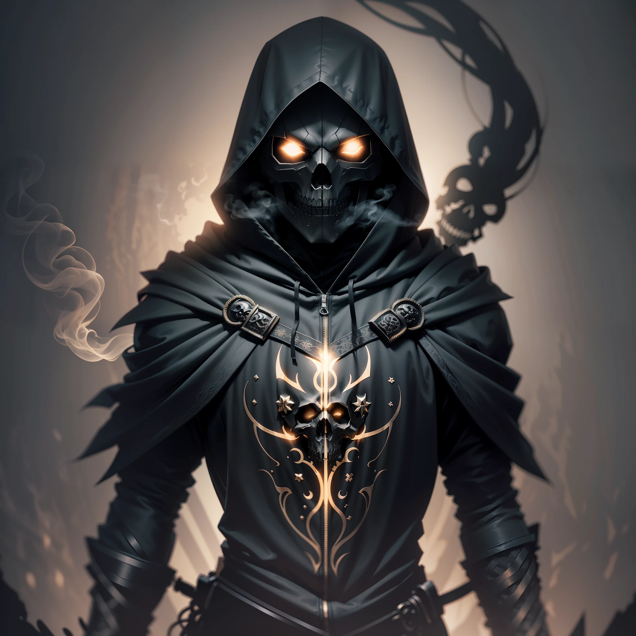 (extremely detailed, best quality, mysterious ambiance) Hooded man, dim lighting, skull mask, illuminated intricate lines,+glyphs of unknown origin(1.1), dark clothes, (+backlit+silhouette), smoke(1.2), high contrast.