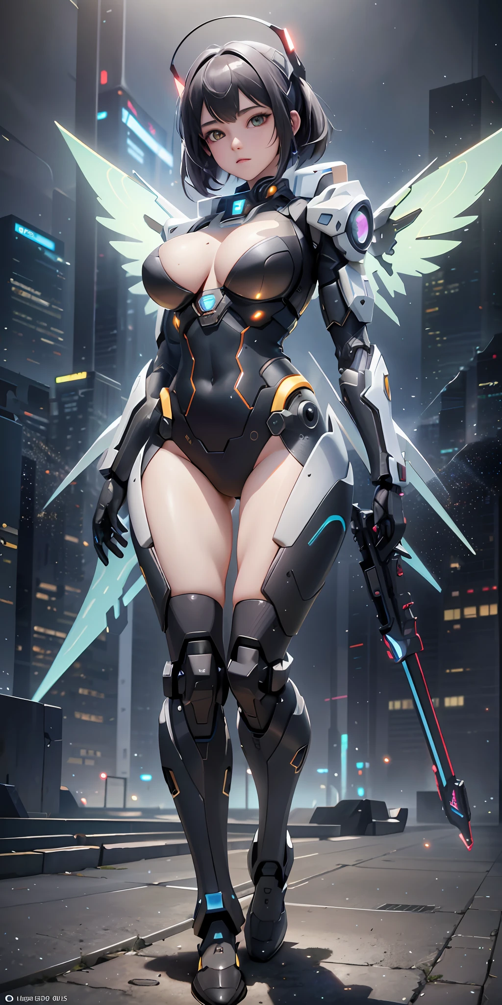 ((Best Quality)), ((Masterpiece)), (High Definition:1.3), 3D, Beautiful, (Cyberpunk:1.2), Universe, Nebula, holding_weapon, (1 Female Mech:1.3), Facing the Viewer, Glowing Eyes, Full Body, (Fly, Swoop, Dynamic, Motion Blur: 1.4), (Giant Mech Wings: 1.6), glowing_eyes, Mech, Panorama, Earth Background, Nebula, Space, Particles, Reality, HDR (High Dynamic Range), Ray Tracing, NVIDIA RTX, Super Resolution, Unreal 5, Subsurface Scattering, PBR Texturing, Post-Processing, Anisotropic Filtering, Depth of Field, Maximum Clarity and Clarity, Multilayer Textures, Albedo and Specular Maps, Surface Shading, Accurate Simulation of Light-Material Interaction, Perfect Proportions, Octane Render, Two-tone Lighting, Large Aperture, Low ISO, White Balance, Rule of Thirds, 8K RAW, Efficient Subpixel, Subpixel Convolution,Beautiful Girl, Slender, Cute, Sexy