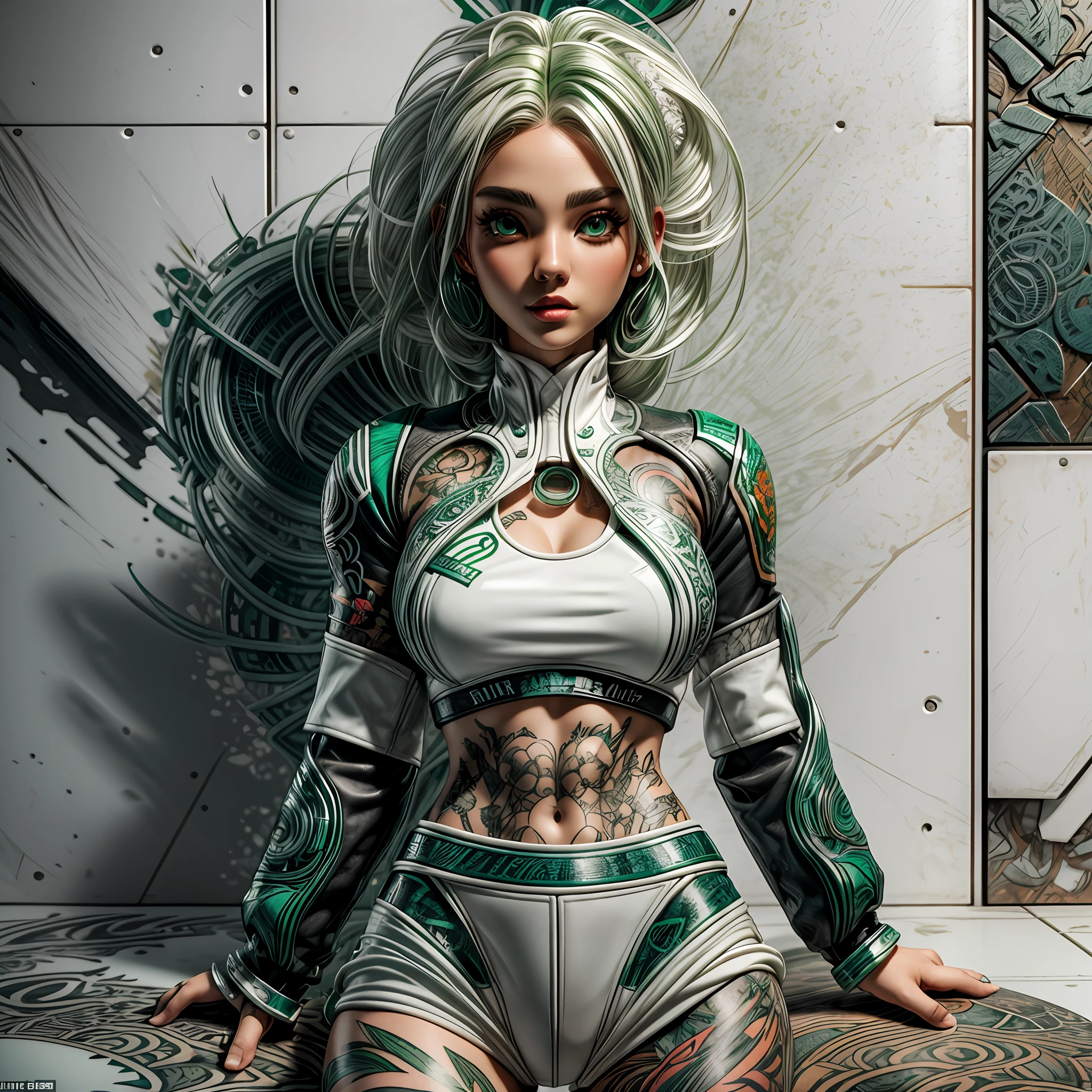 Textures: 1.5, white: 1.1, rusty: 1.3, green: 1.3, (white glossy hair woman), sexy, tattoos, (power puffer clothes: 1.2), 3d graffitti, abstract, lines, background circles