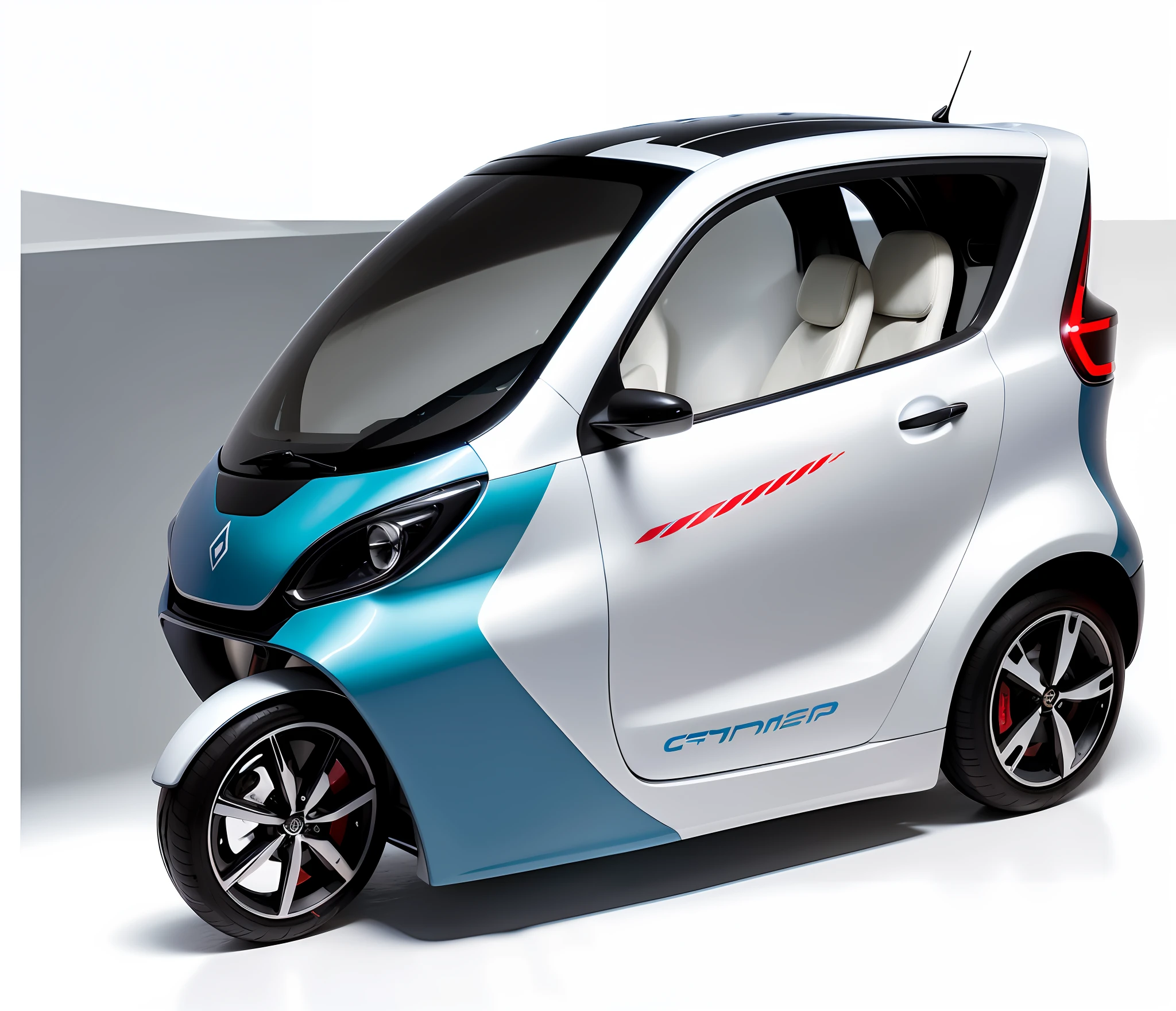 Close-up of white and blue car with red stripes, stylish design, cute rounded style, KAMA Russian electric car, vehicle design trends, front perspective, perspective, front angle, super view view, vehicle design, vibrant and dynamic, vehicle illustration, middle view, futuristic product car shooting, concept art, rendering of Wendigo