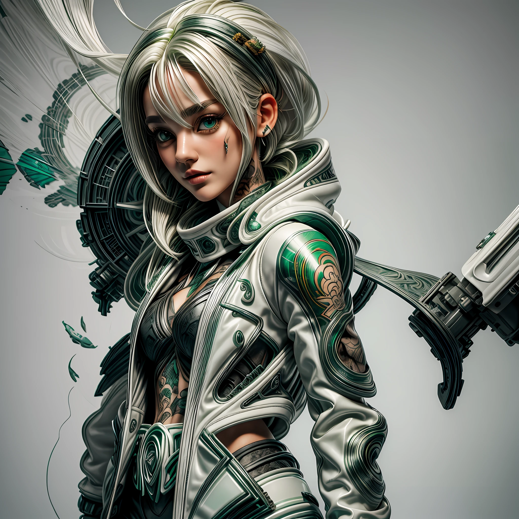 Textures: 1.5, white: 1.1, rusty: 1.3, green: 1.3, (white glossy hair woman), sexy, tattoos, (power puffer clothes: 1.2), 3d graffitti, abstract, lines, background circles