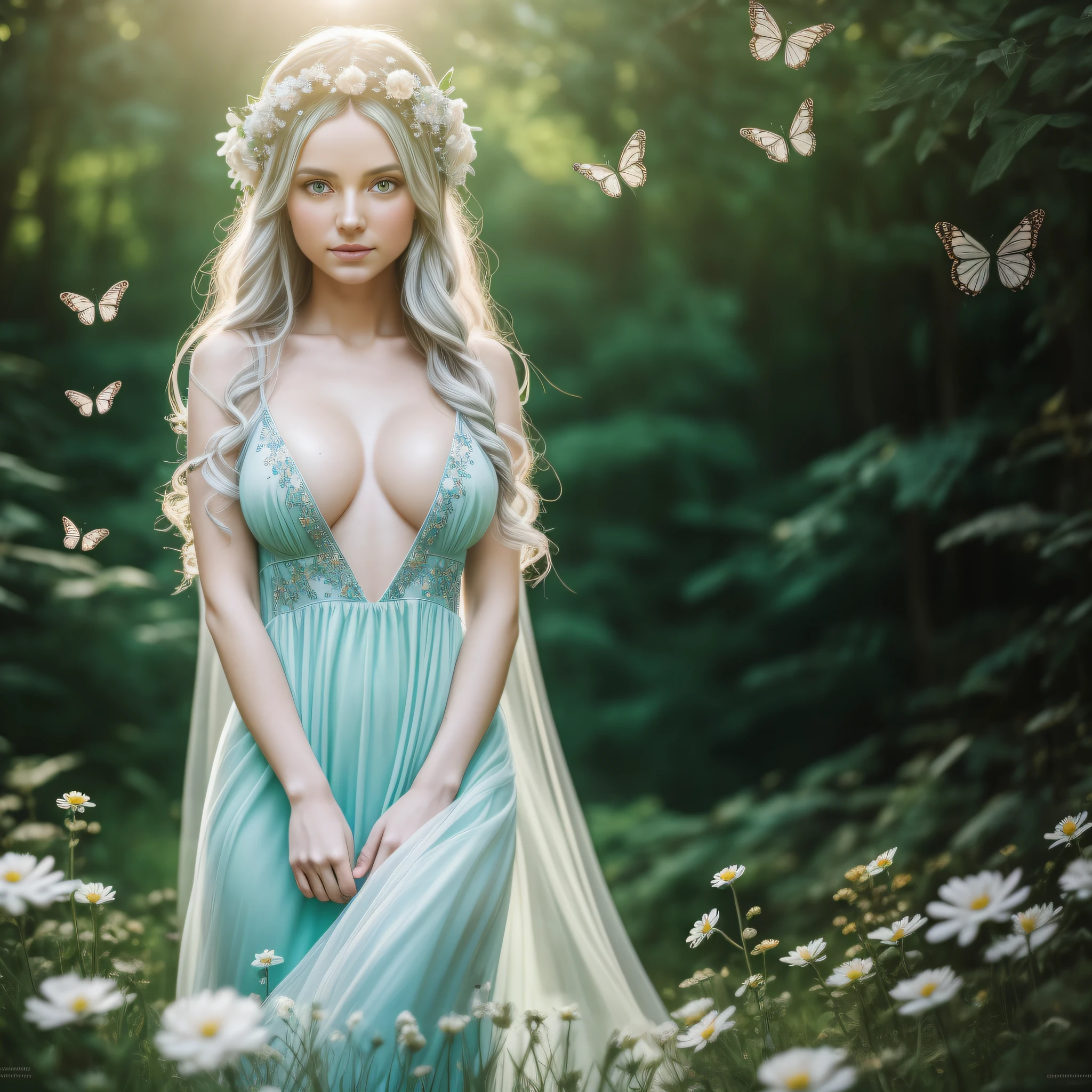 (8k, RAW photo, realistic, photo-realistic, hyper-realistic, highest quality, best quality, masterpiece, highly detailed, absurd: 1.2), woman, solo, fey, elf, fairy, fantasy, mushroom circle, surrounded by flowers, delicate features, silver hair, bright blue eyes, mystical aura, small horns, peaceful expression, delicate features, perfect hand, surrounded by forest creatures, hair adorned with flowers, wearing a translucent sun dress,  surrounded by butterflies, large wolf in the background, surrounded by birds, surrounded by sunlight, (medium breasts:1.2), (flowers:1.1), floating petals, transparent, translucent, dull, pale ivory white skin, (ultra-detailed texture of 16k skin with slight imperfections:1.2), Cerulean and emerald color palette, ultra-sharp focus, shallow depth of field, diffuse lighting, radiant light rays,  macro photography, volumetric mist