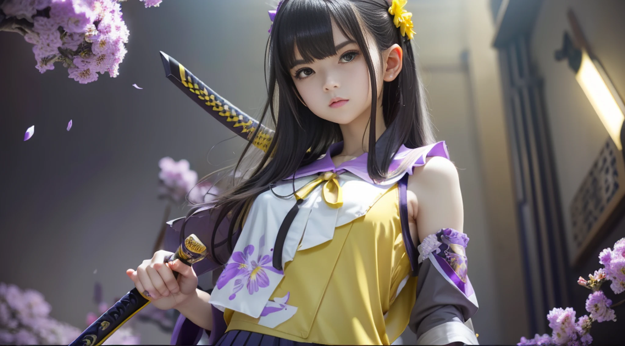 8k high definition, girl, anime, sleeveless blouse, skirt, revealing, battle poze, black hair, long, loose, blooming yellow eyes, katana. gray background, daylight, perfect body, lilac details detailed skin, small chest, tomboy girl, masterpiece, best quality, stiff nipple, high resolution, pc wallpaper. --auto --s2