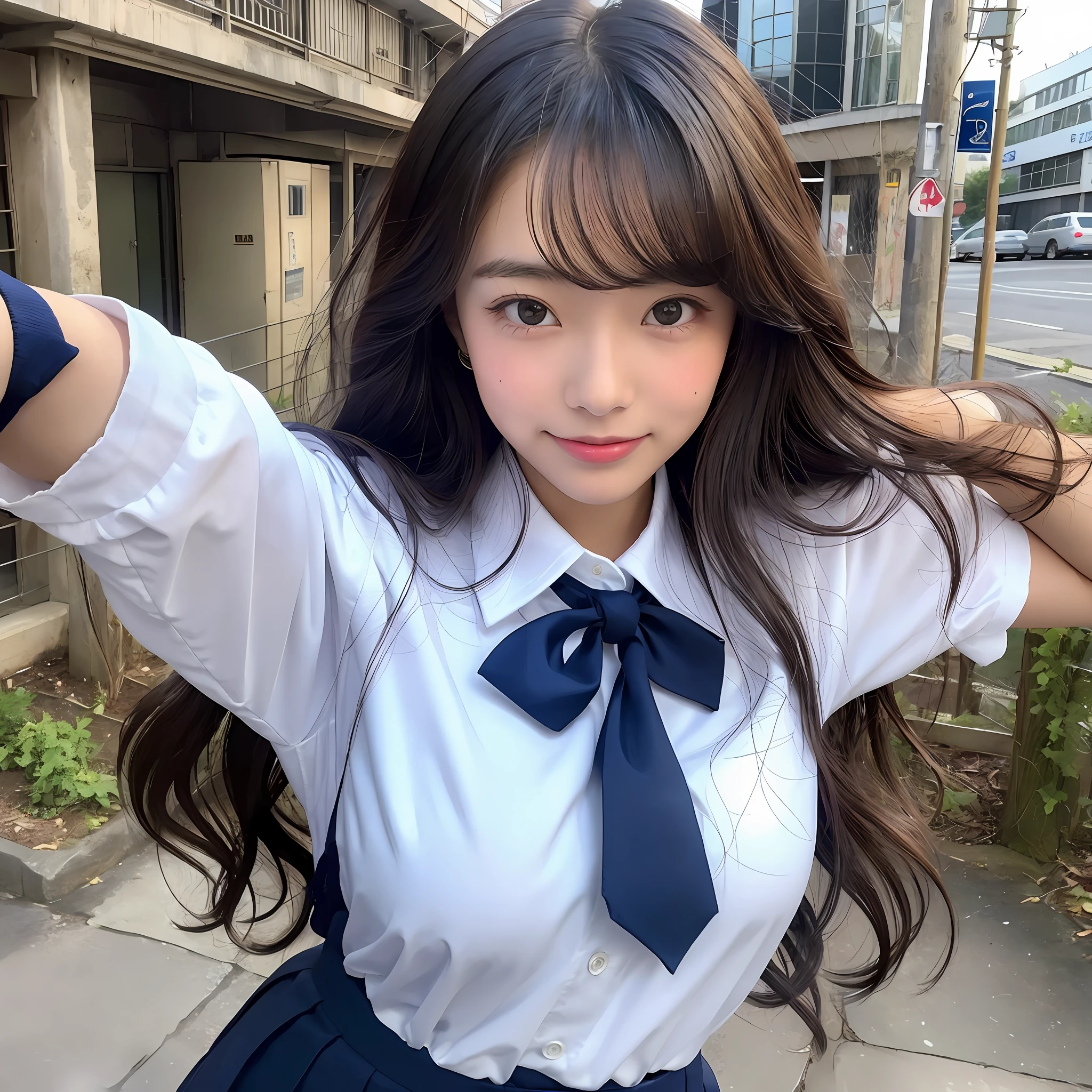 ((Masterpiece)), (Best Quality), (Details), (1girl), Japan Girl, Gravure Idol, Very Beautiful Skin, Shiny Skin, Just Right Size Breasts, Perfect Breasts, Perfect Figure, Just Right Thin Legs, Wavy Hair, Black Hair, Brown Glistening Eyes, Natural Clothing, Skin Clarity, Smile, School Uniform, Navy Blue Skirt, Light Blue Shirt, Navy Blue Tie, Urban Crossroads