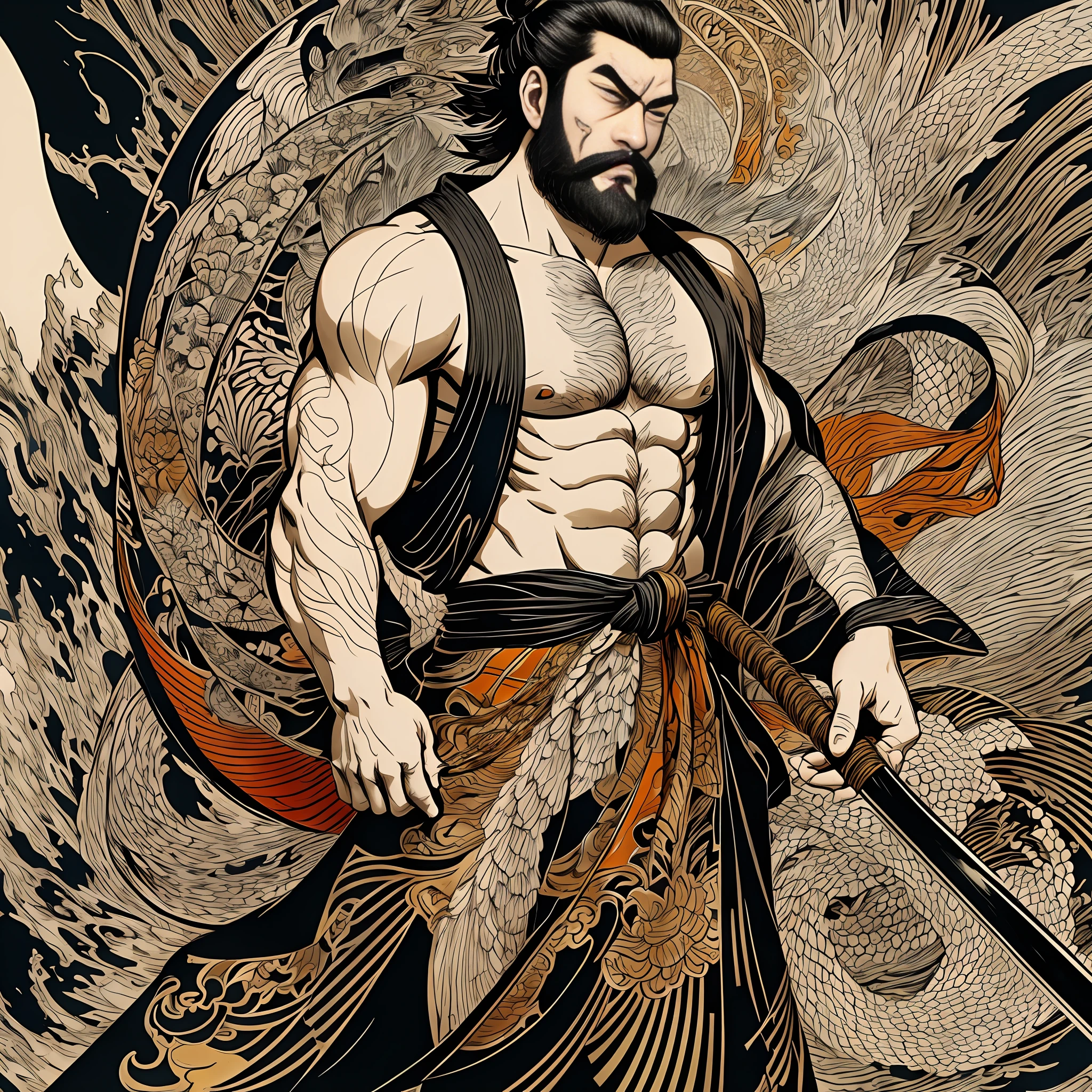 It is a full-body painting with natural colors in Katsushika Hokusai-style or ink painting style. The swordsman Miyamoto Musashi has a big body like a strongman. Samurai of Japan. With a dignified but manly expression of determination, he confronts evil spirits. He has black short hair and a short, trimmed beard. His upper body is covered with a jet black kimono with a glossy texture, and his hakama is knee-long. In his right hand he holds a Japan sword with a longer sword part. In the highest quality, masterpiece high resolution ukiyo-e style lightning and swirling flames. Among them, Miyamoto Musashi is standing with his back straight, facing the front.