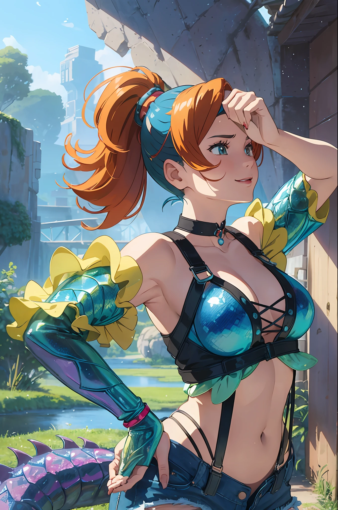 The centerpiece of the image is Misty from Pokémon, standing outdoors with a confident smile. She has orange hair styled in a side ponytail, and is wearing denim shorts with suspenders over a yellow crop top that shows off her midriff and navel. Her short hair frames her face, while her cowboy shot posture exudes confidence and strength.

Misty is accompanied by a magnificent Dragon-headed monsterfish with a cute and long nose. The monsterfish has blue scales and fins, giving it a majestic appearance. Its snake-like body is covered in scales, reflecting the light with an iridescent shine. Despite its size, the monsterfish is endearing and cute, with a friendly expression and an affable demeanor.

Overall, the image is a masterpiece, with high-quality details and a realistic rendering of Misty, her outfit, and her companion monsterfish. The colors are vivid and eye-catching, and the image is high-resolution, capturing every nuance of Misty's confident and adventurous spirit. --auto --s2