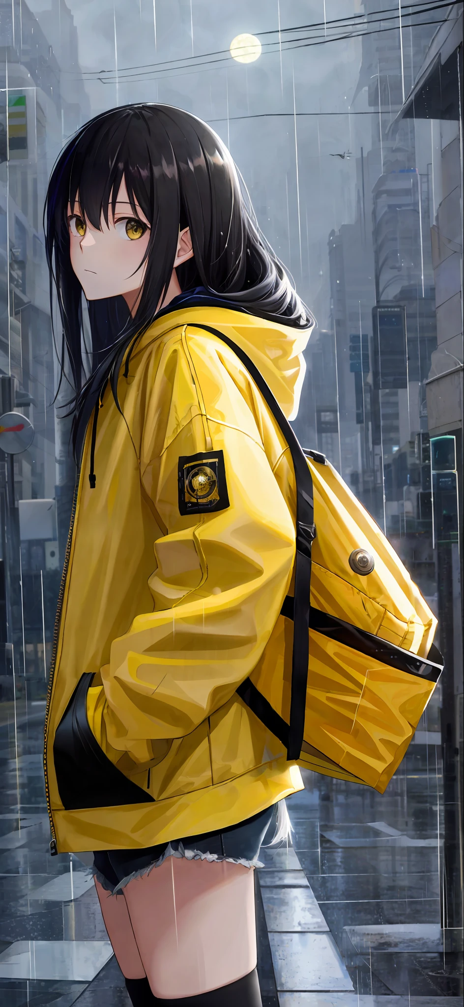 1girl, yellow jacket, rain, moon, street, outdoors, hoodie, open jacket, backpack, looking at another person, messy long hair, trend on artstation, 8k resolution, very detailed, anatomically correct, clear image, digital painting, concept art, trend on pixiv, Makoto Shinkai style,