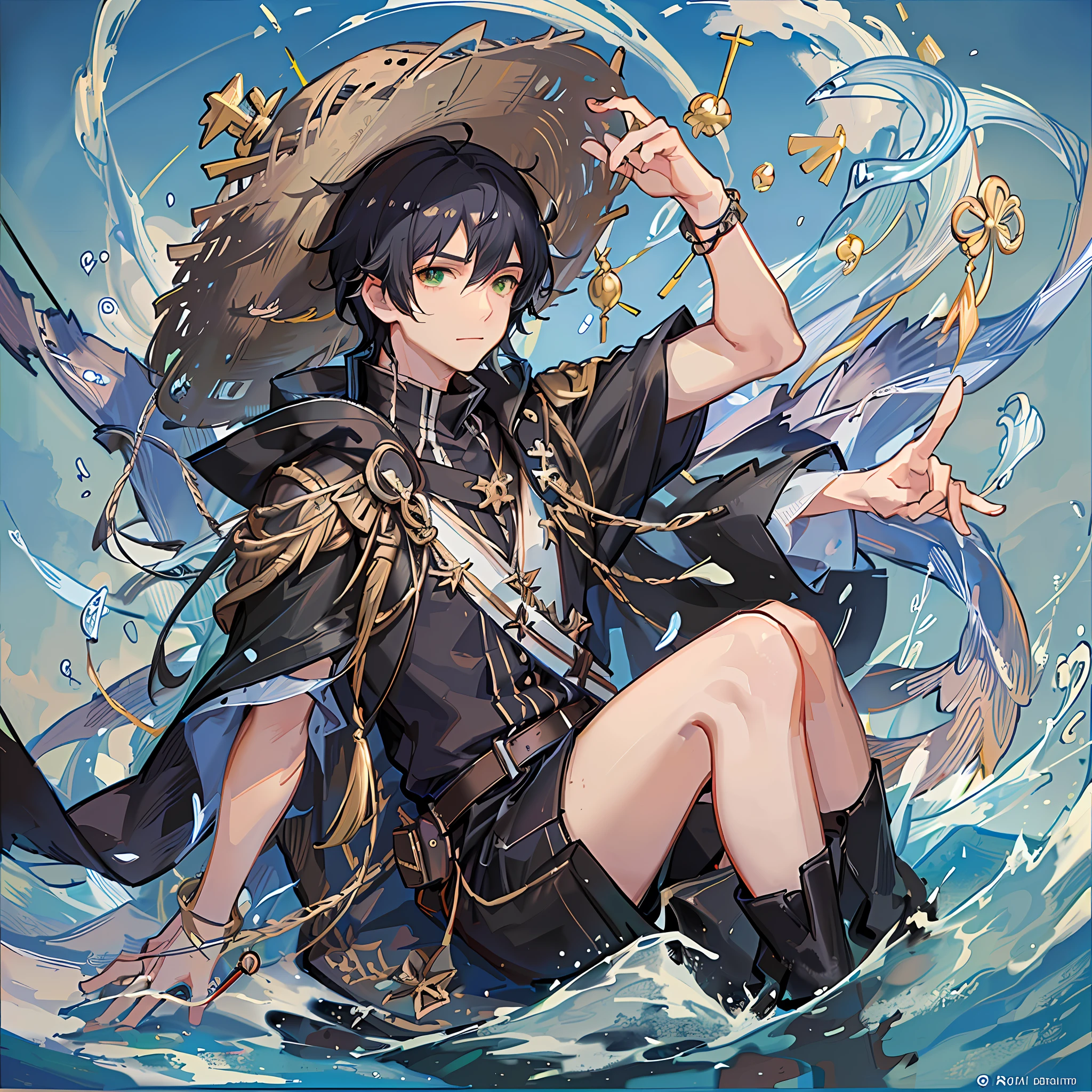 The black-haired male pupil, little boy, short-sleeved shorts, wearing a long cape, a large straw hat with two streamers and countless wind chimes, and a green flute sat on the back of a huge fish made of water, leading more fish behind him