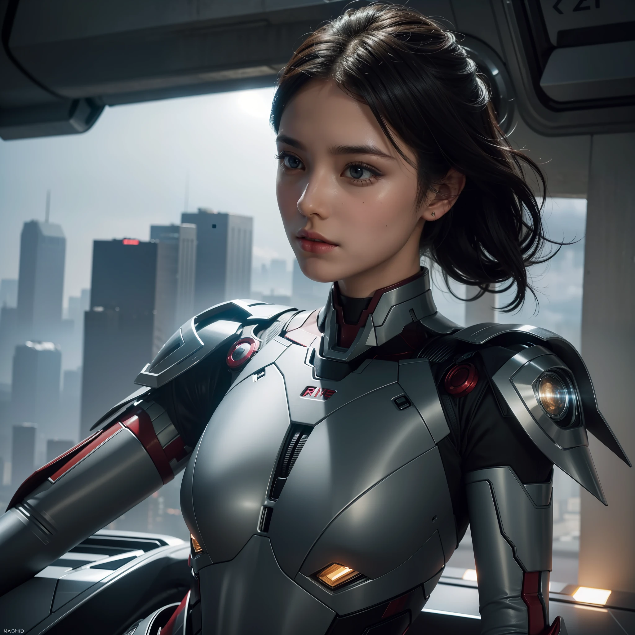 RAW, Masterpiece, Ultra Fine Photo,, Best Quality, Ultra High Resolution, Photorealistic, Sunlight, Full Body Portrait, Stunningly Beautiful,, Dynamic Poses, Delicate Face, Vibrant Eyes, (Side View) , she is wearing a futuristic Iron Man mech, very detailed background, detailed face, detailed busy background, messy, gorgeous, milky, high detailed skin, realistic skin details, visible pores, sharp focus, volume Fog, 8k uhd, dslr, high quality, film grain, fair skin, photorealism, lomography, sprawling metropolis in a futuristic dystopia, view from below, translucent