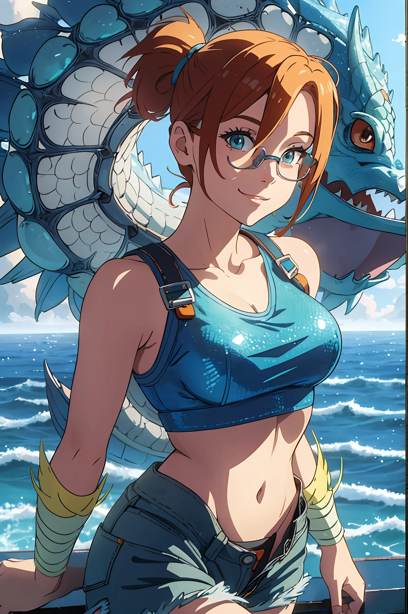 The centerpiece of the image is Misty from Pokémon, standing outdoors with a confident smile. She has orange hair styled in a side ponytail, and is wearing denim shorts with suspenders over a yellow crop top that shows off her midriff and navel. Her short hair frames her face, while her cowboy shot posture exudes confidence and strength.

Misty is accompanied by a magnificent Dragon-headed monsterfish with a cute and long nose. The monsterfish has blue scales and fins, giving it a majestic appearance. Its snake-like body is covered in scales, reflecting the light with an iridescent shine. Despite its size, the monsterfish is endearing and cute, with a friendly expression and an affable demeanor.

Overall, the image is a masterpiece, with high-quality details and a realistic rendering of Misty, her outfit, and her companion monsterfish. The colors are vivid and eye-catching, and the image is high-resolution, capturing every nuance of Misty's confident and adventurous spirit. --auto --s2