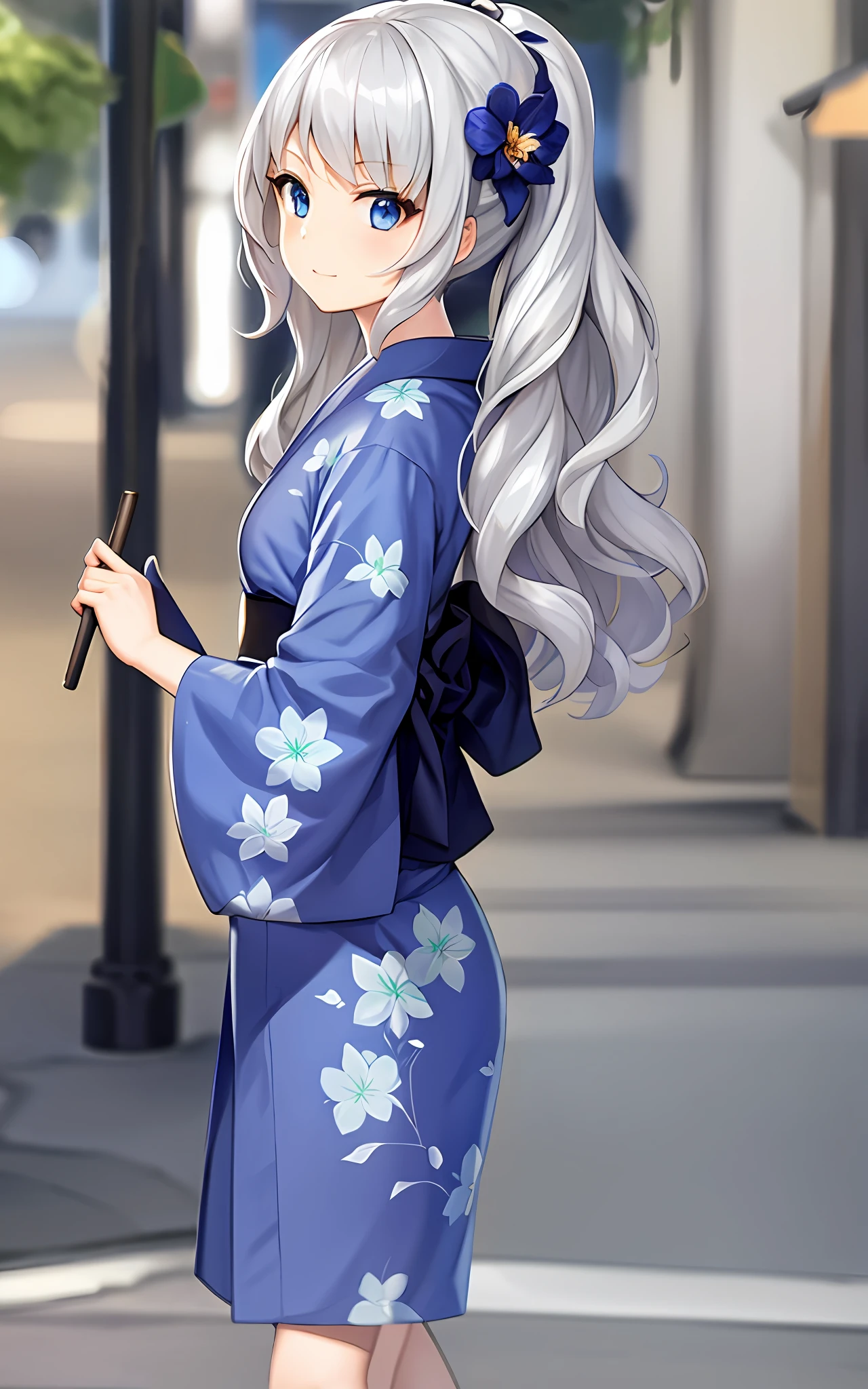 girl, solo, summer festival, silver hair, blue eyes, wavy hair, yukata,