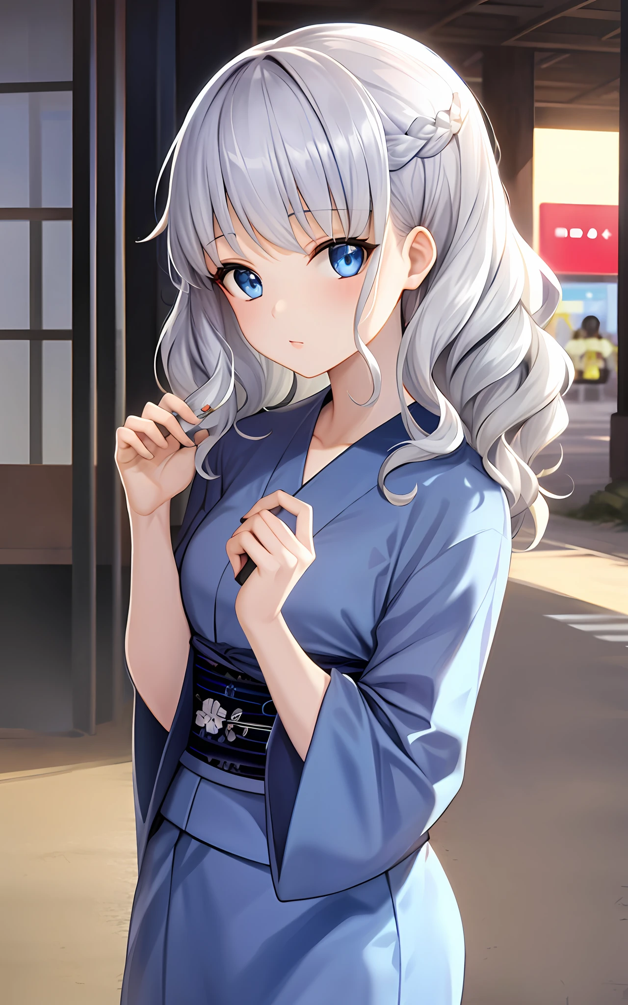 girl, solo, summer festival, silver hair, blue eyes, wavy hair, yukata,