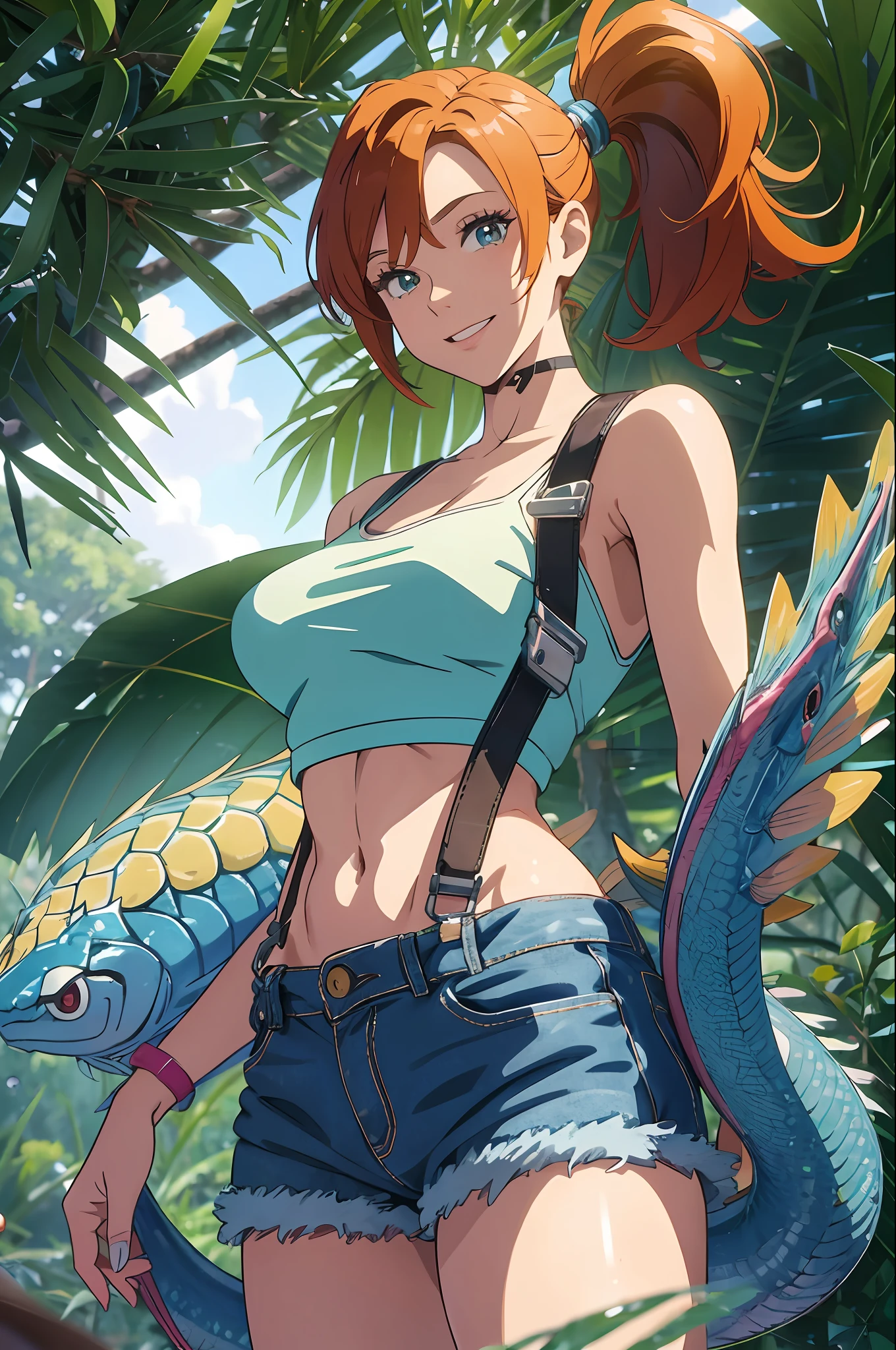 The centerpiece of the image is Misty from Pokémon, standing outdoors with a confident smile. She has orange hair styled in a side ponytail, and is wearing denim shorts with suspenders over a yellow crop top that shows off her midriff and navel. Her short hair frames her face, while her cowboy shot posture exudes confidence and strength.

Misty is accompanied by a magnificent Dragon-headed monsterfish with a cute and long nose. The monsterfish has blue scales and fins, giving it a majestic appearance. Its snake-like body is covered in scales, reflecting the light with an iridescent shine. Despite its size, the monsterfish is endearing and cute, with a friendly expression and an affable demeanor.

Overall, the image is a masterpiece, with high-quality details and a realistic rendering of Misty, her outfit, and her companion monsterfish. The colors are vivid and eye-catching, and the image is high-resolution, capturing every nuance of Misty's confident and adventurous spirit. --auto --s2