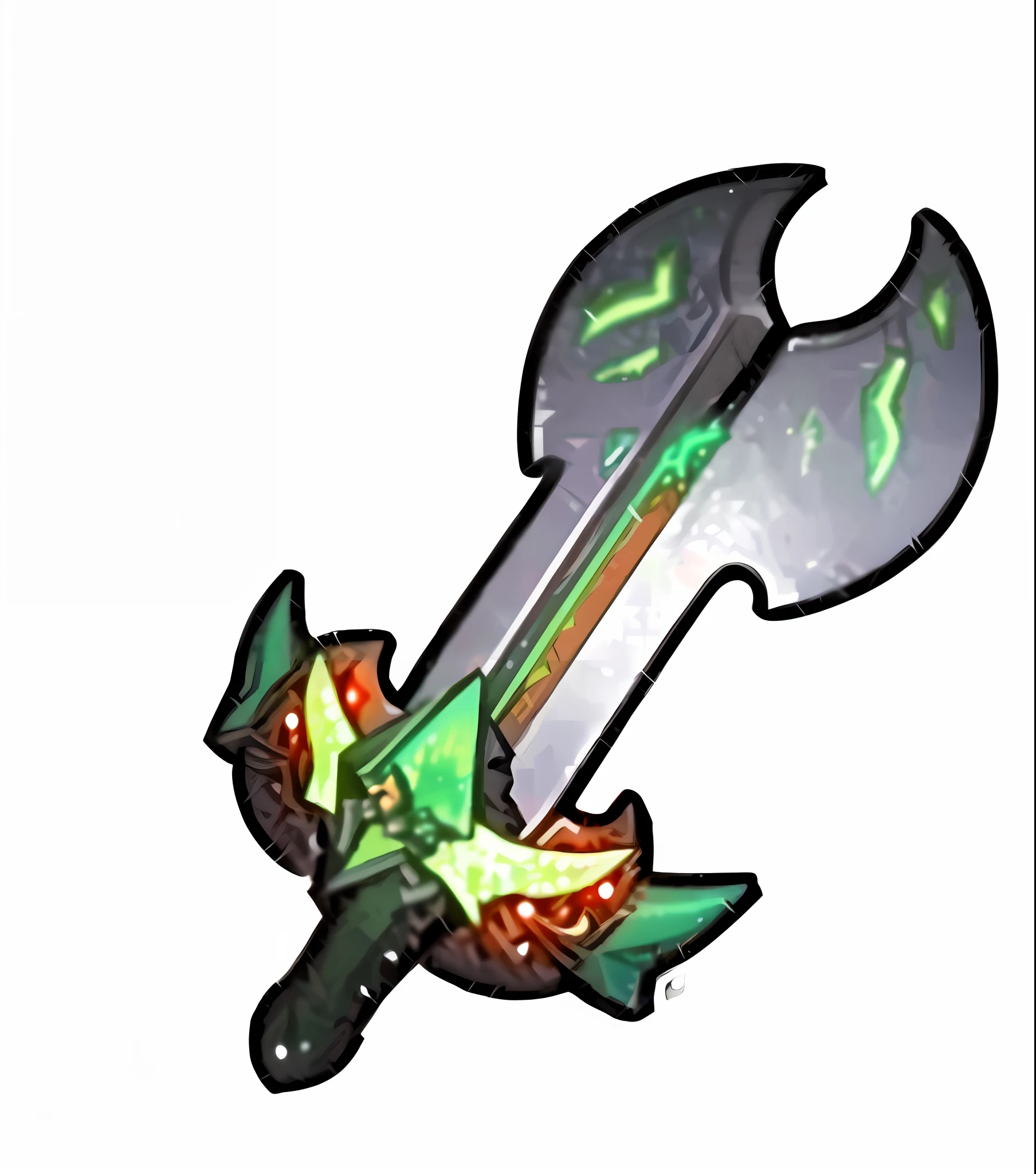 a close up of a sword with a green and red design, glowing green soul blade, war blade weapon, style of ghost blade, shinning sword, jagged sword, armored sword blade, large sword, huge sword, brandishing powerful sword, battleaxe, fantasy blade, glaive, glowing sword, big sword, brandishing chainsword