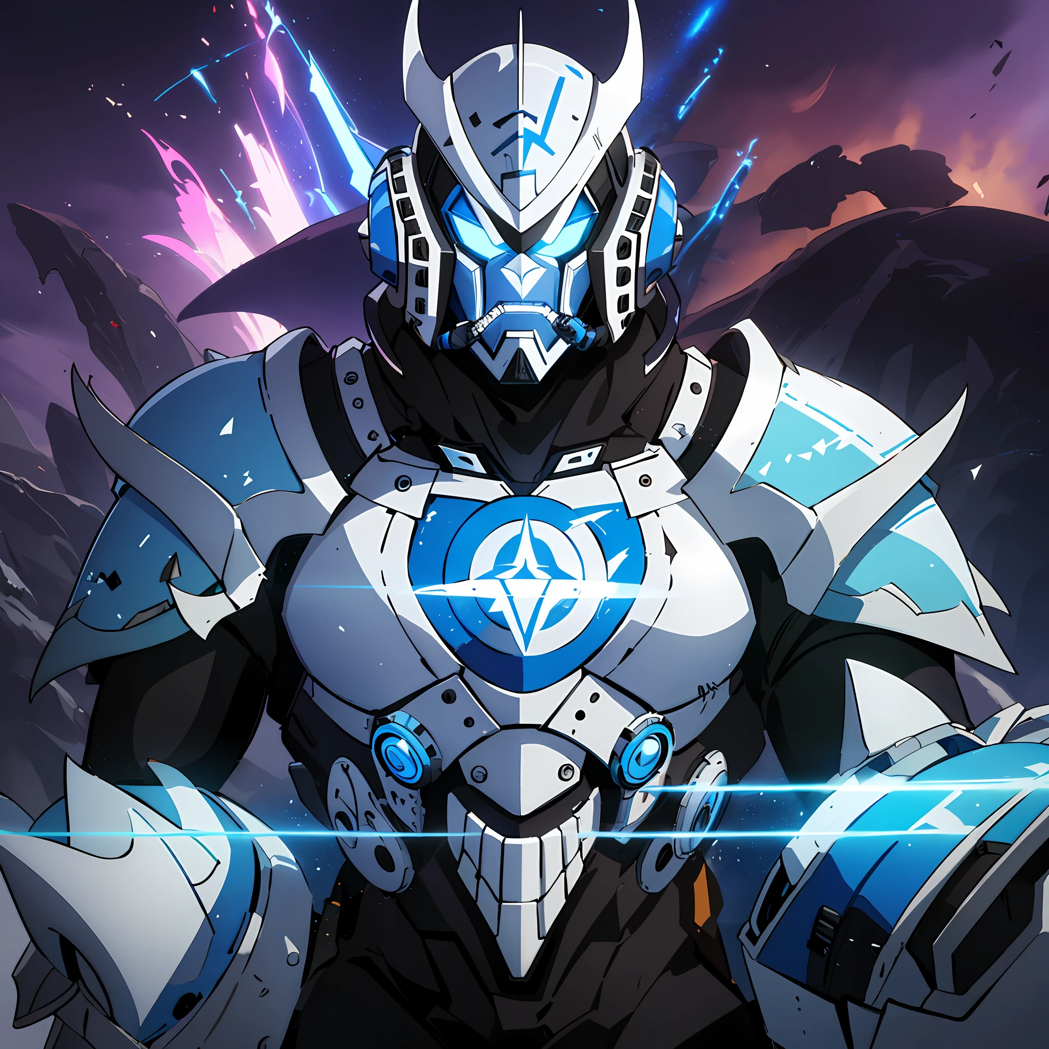 a Male armor called Annihilator of Gods, Futuristic, Technology, Blue and White, Epic General Plane Angle, Cinematic Mist