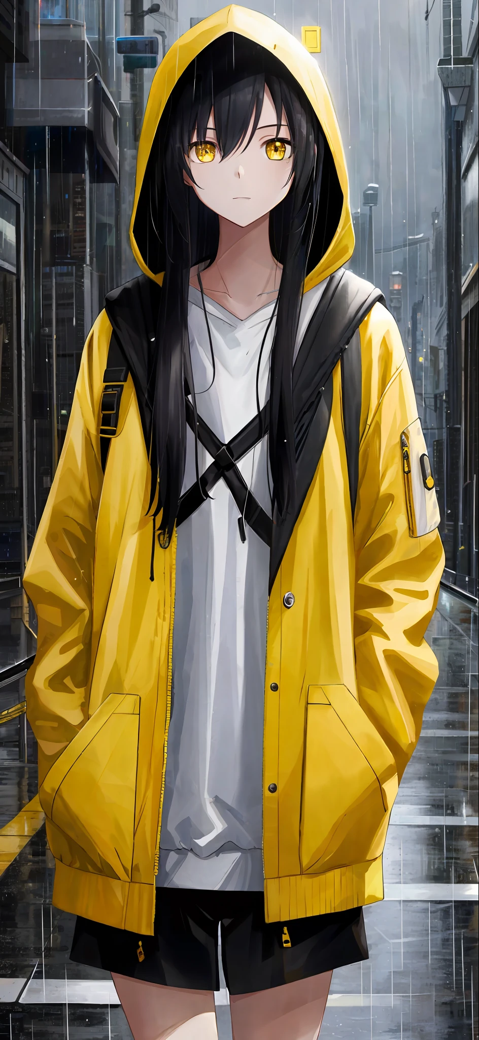 1girl, yellow jacket, rain, moon, street, outdoors, hoodie, open jacket, backpack, looking at another person, messy long hair, trend on artstation, 8k resolution, very detailed, anatomically correct, clear image, digital painting, concept art, trend on pixiv, Makoto Shinkai style,