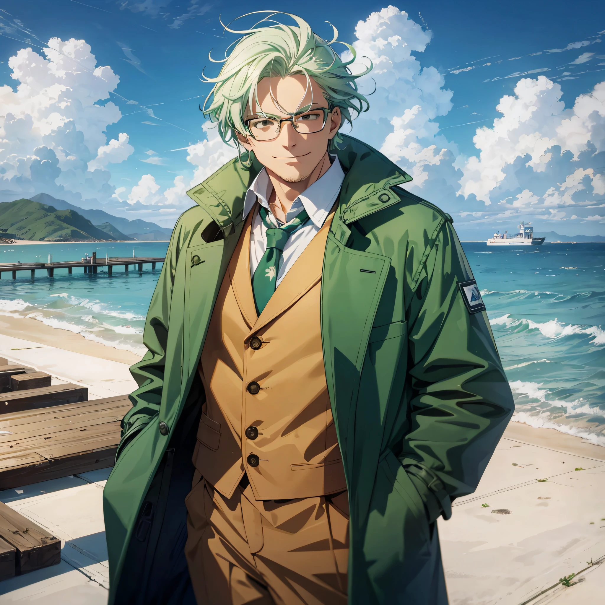 At the open dock weapons testing ground by the sea, a middle-aged man dressed as a scientist, a green coat, a white shirt, and green hair, with a smug and happy expression