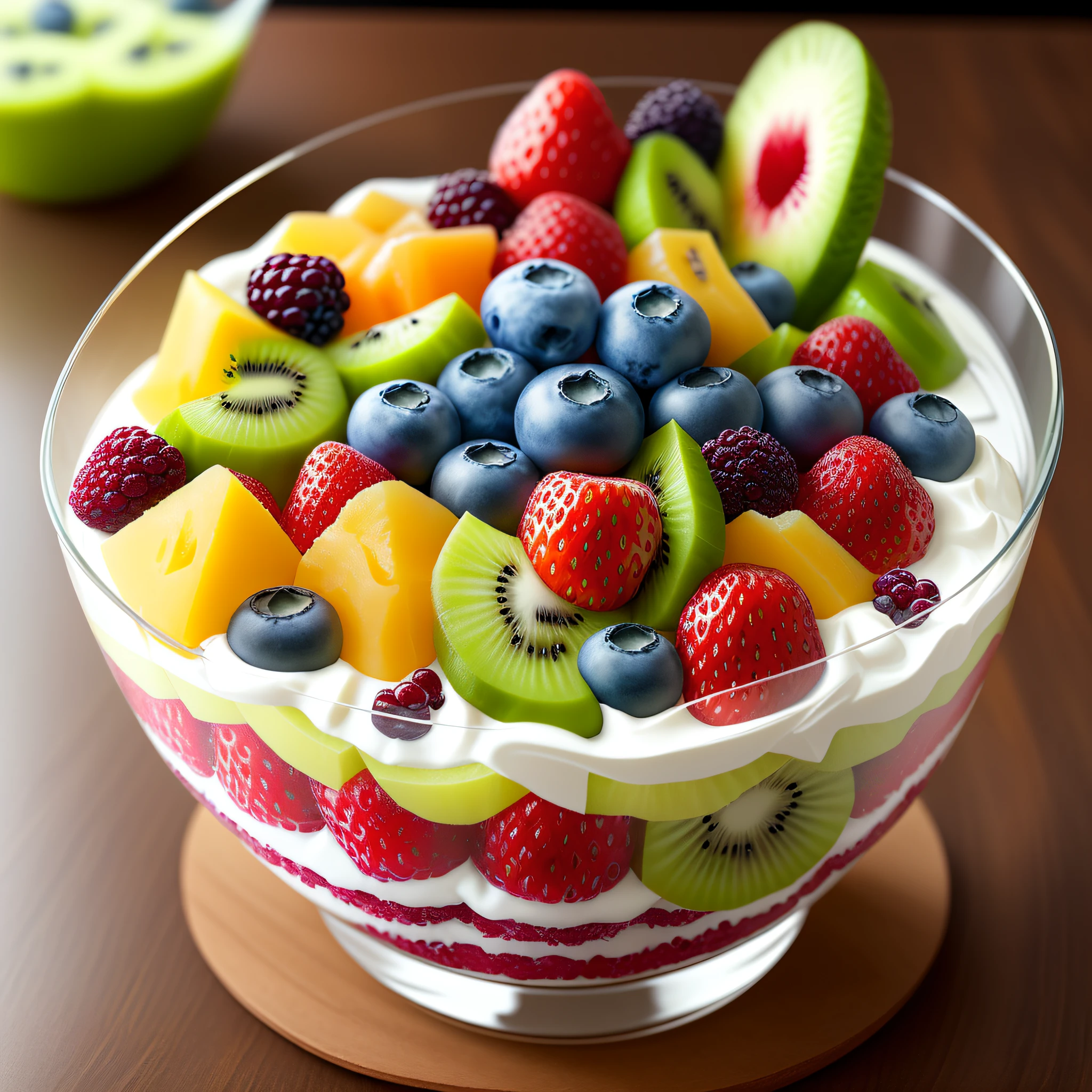 Clear! Here's a visual description of the yogurt and fruit parfait recipe: A transparent glass bowl reveals a bright layer of color. At the bottom is a thick layer of natural low-fat yogurt with a creamy flavor. On top of the yogurt, there are also a variety of chopped fresh fruits such as bright red strawberries, juicy purple blueberries, and vibrant green kiwi chunks. These fruits add a touch of freshness and a burst of color to desserts. At the top of the glass bowl, you can see colorful layered combinations that create tempting, balanced and delicious desserts.