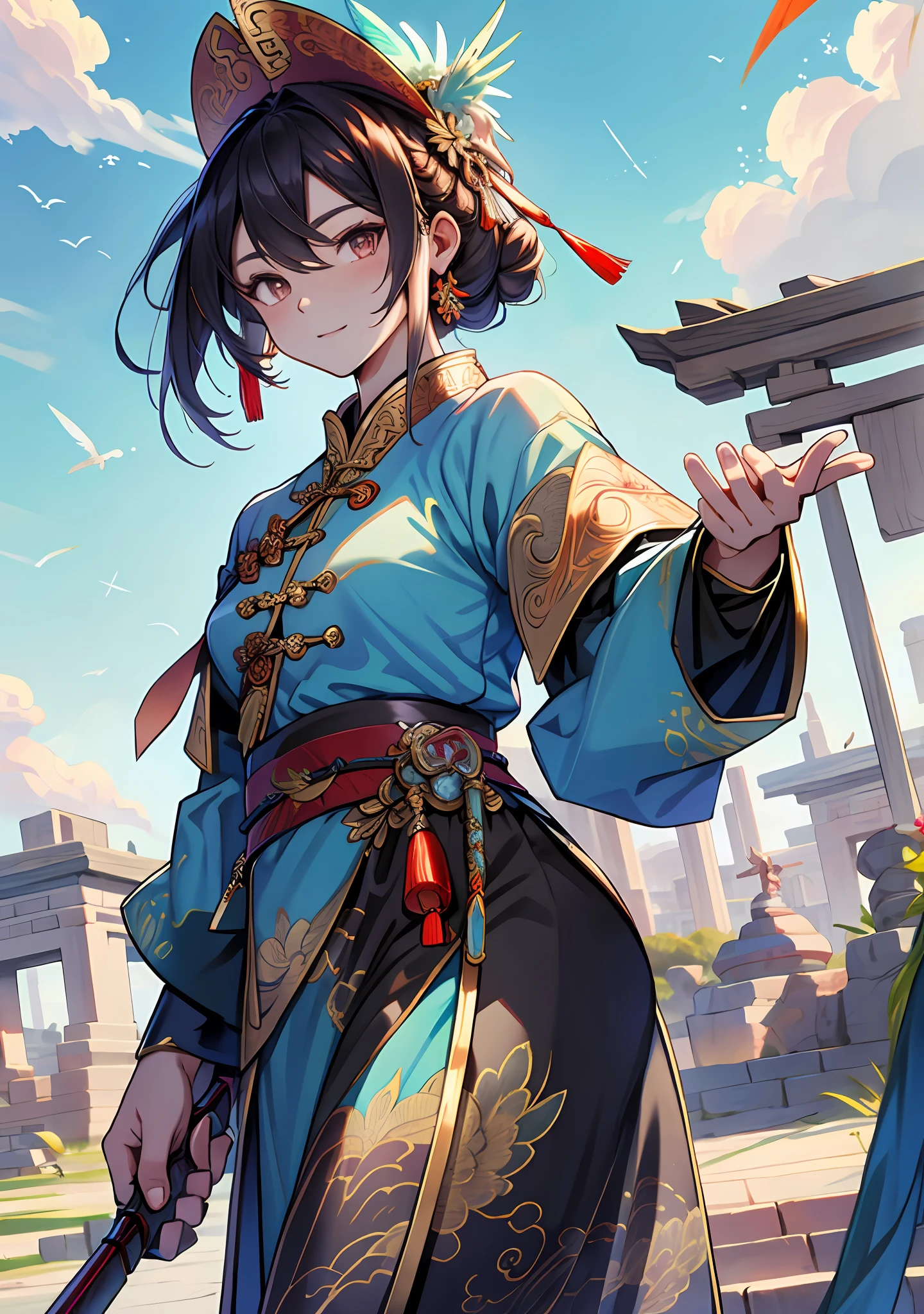Goddess flying sky, Chinese style, phoenix fairy, gorgeous clothes, beautiful feather patterns, weapon in hand, 32k --niji 5