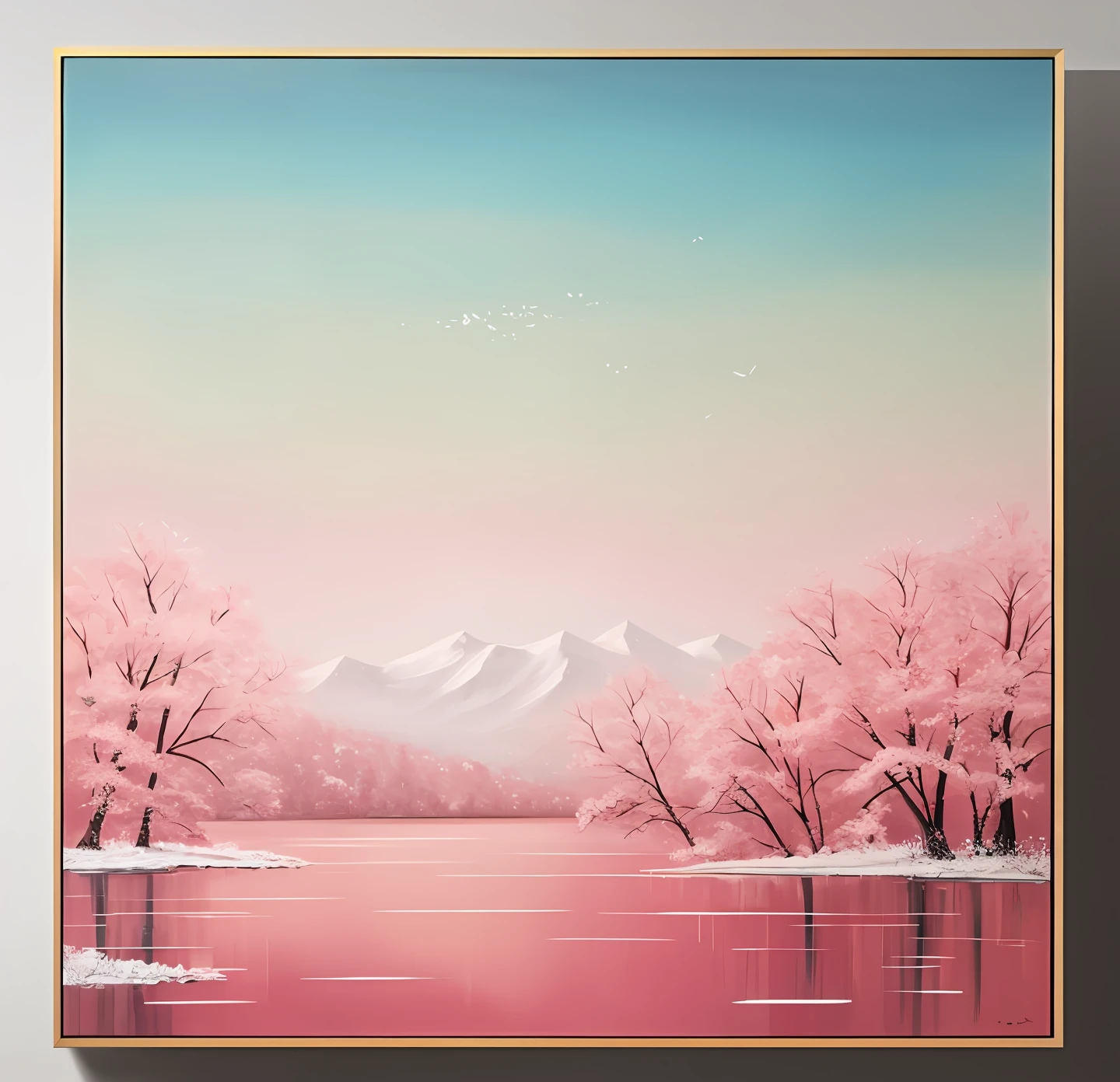 A masterful work is displayed with the best quality in this setting. The painting is richly detailed, with ultra-detailed strokes that reveal the artist's exceptional skill. The canvas is framed perfectly, placed on an immaculate white wall, providing a sophisticated contrast The high definition of the image allows each brushstroke to be appreciated in its entirety. The camera captures the smooth angle of the work, highlighting its more subtle and charming aspects. The theme chosen is soft and elegant, with shades of pink that evoke a sense of calm and serenity. Gold details punctuate the composition, adding a touch of luxury and glamour.
The minimalist style permeates the work, conveying a sense of refined simplicity. Each element is carefully placed, generated in a visual harmony that is both engaging and pleasing to the eye. The influence overflows from the traces of the painting, creating an atmosphere of timeless beauty.
