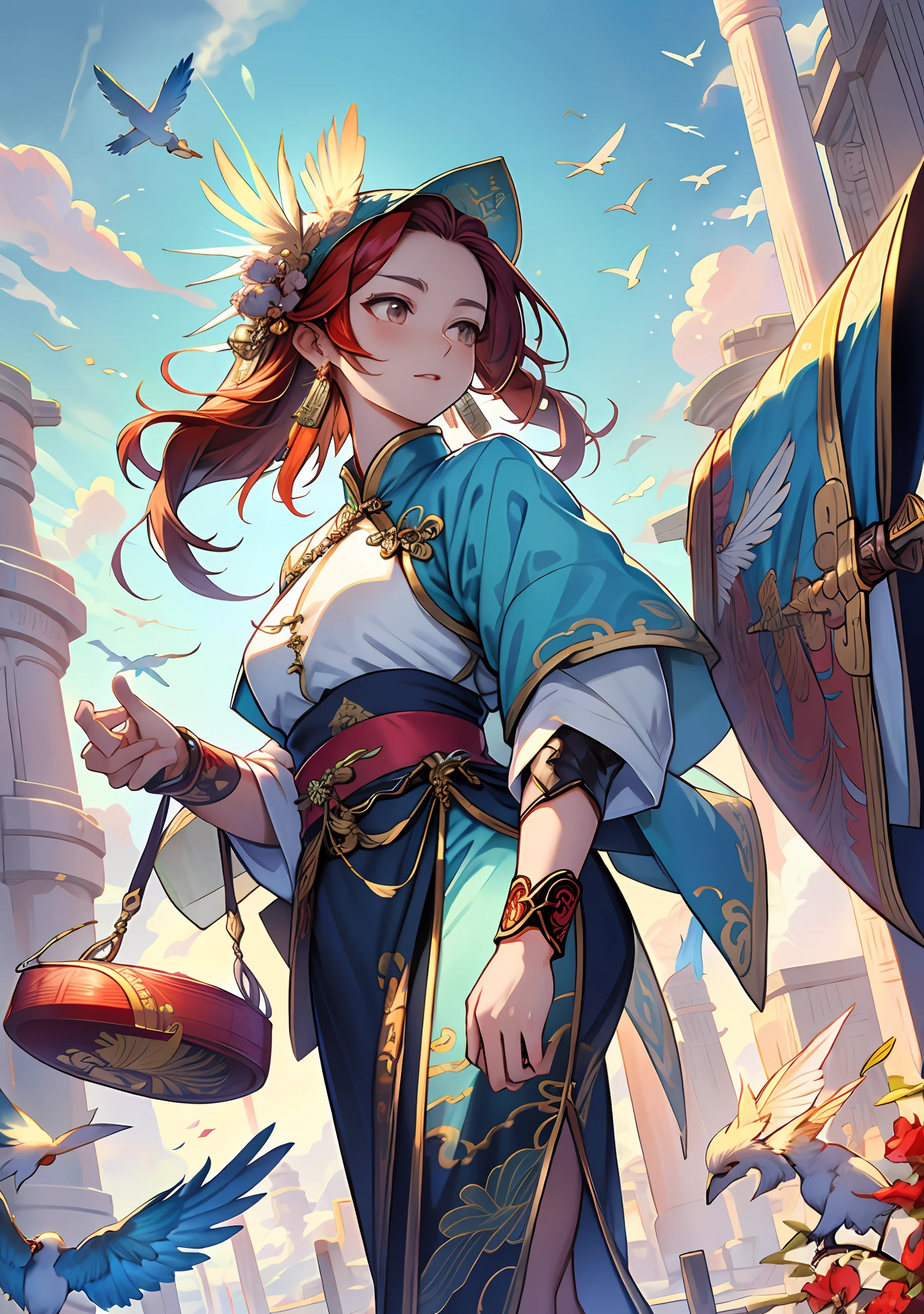 Goddess flying sky, Chinese style, phoenix fairy, gorgeous clothes, beautiful feather patterns, weapon in hand, 32k --niji 5