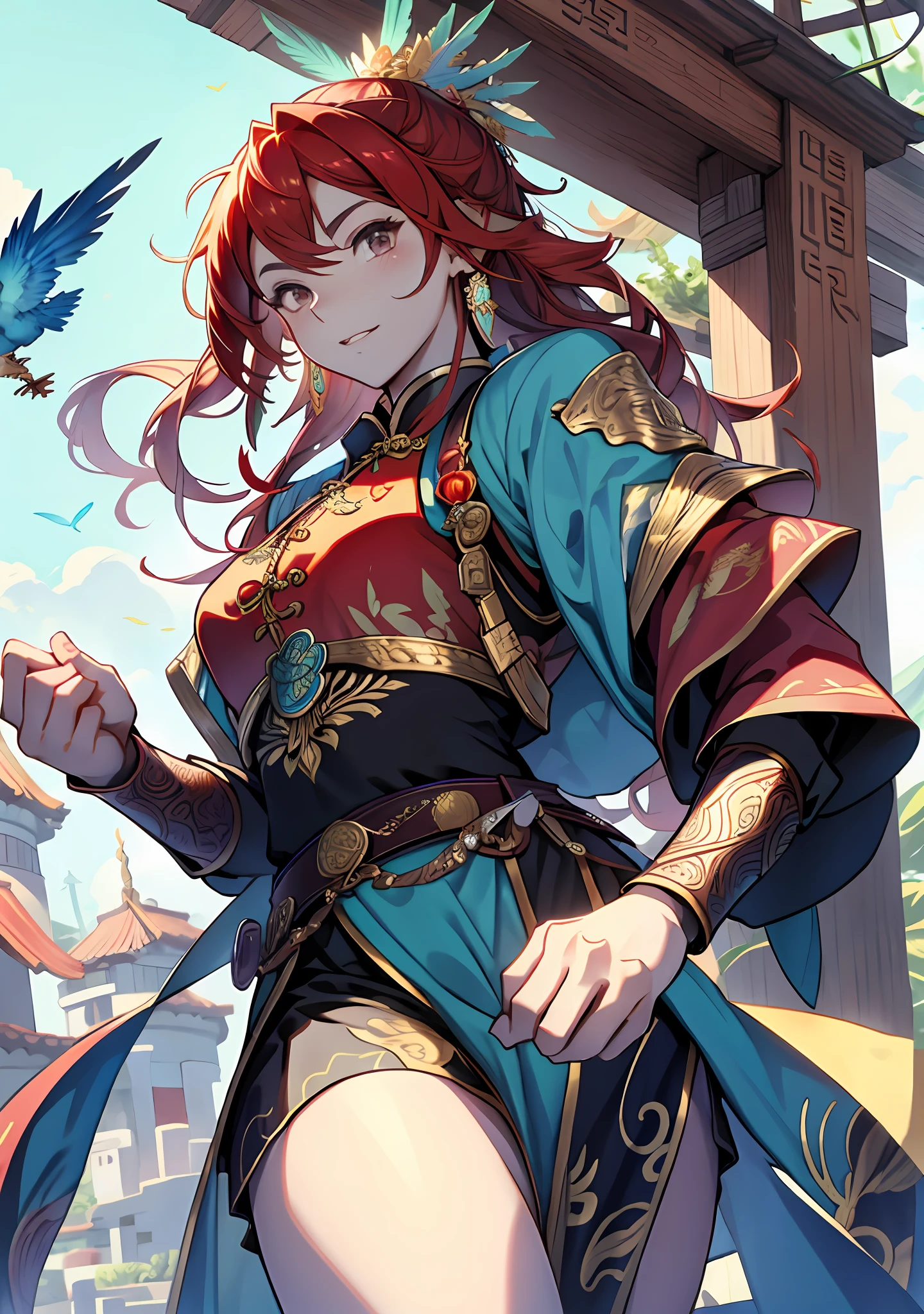 Goddess flying sky, Chinese style, phoenix fairy, gorgeous clothes, beautiful feather patterns, weapon in hand, 32k --niji 5