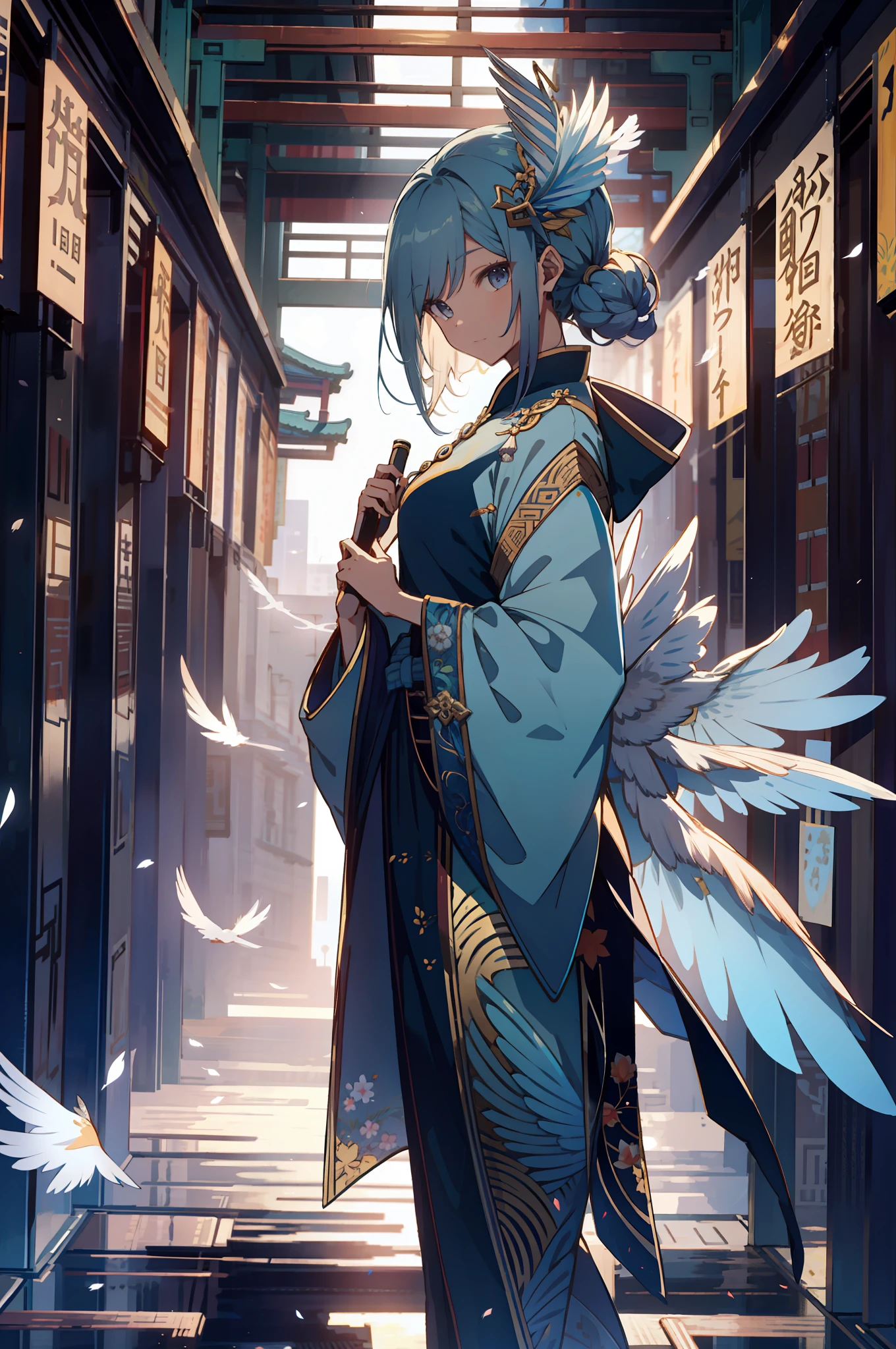 Goddess flying sky, Chinese style, phoenix fairy, gorgeous clothes, beautiful feather patterns, weapon in hand, 32k --niji 5