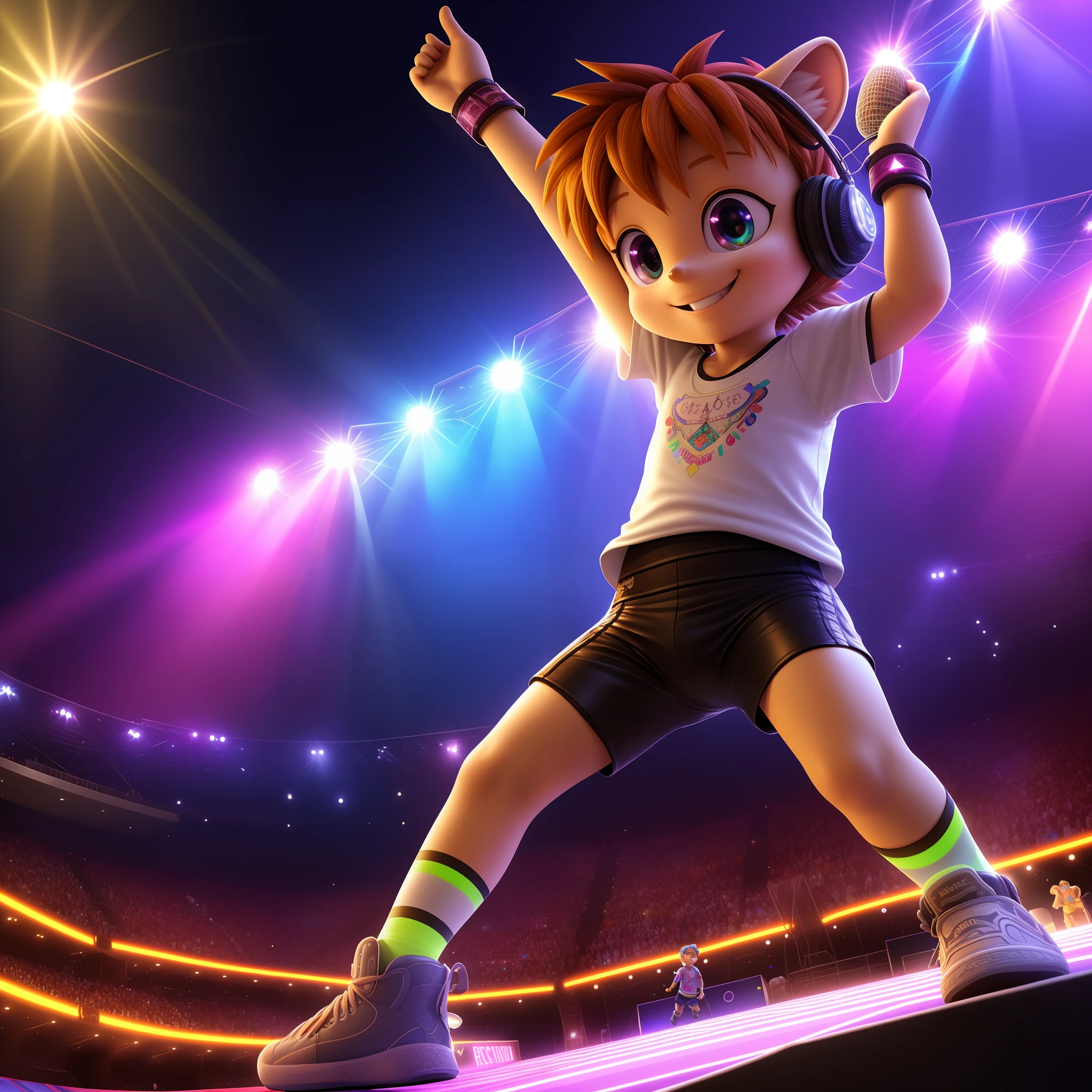 Mina Mongoose, (best quality, insanely detailed illustration:1.2), masterpiece, , epic realistic, hyperdetailed, intricate details, (hdr:1.25), (intricate details:1.14), (hyperrealistic 3d render:1.16), (filmic:0.55), , dynamic pose, headset microphone, stage, crowd, stadium, evening, reflectors, neons, glowing bracelets, t-shirt, tight shorts, field of view, digital art, happy, flat chest, smile, child, kid, petite, very young, mobian