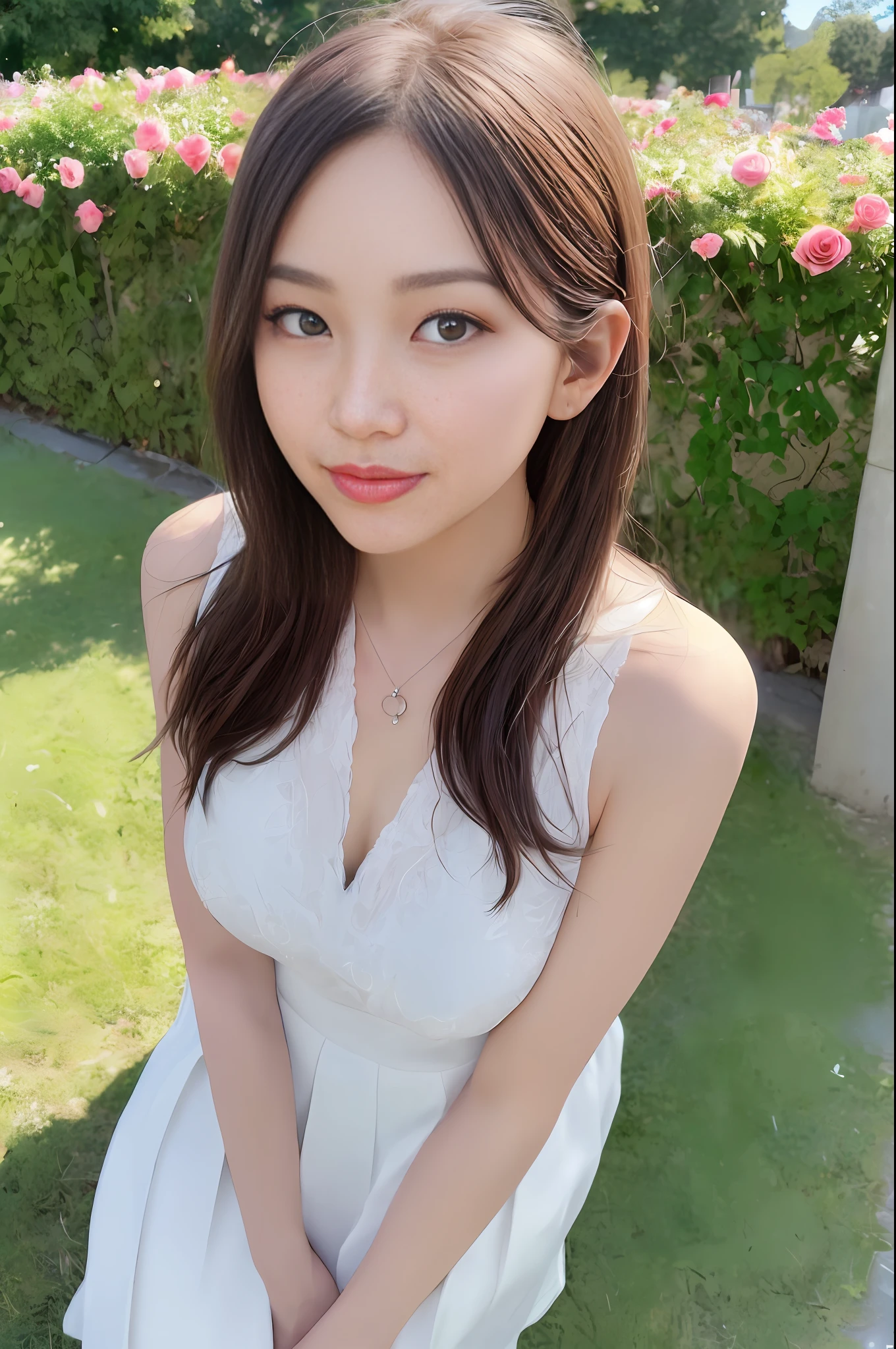RAW, (Intricate Details: 1.3), (Best Quality: 1.3), (Masterpiece: 1.3), (Realistic:1.4), (Masterpiece, Best Quality, Ultra Detailed), [Reflection], Ultra Realistic,
(Best Lighting, Best Shadows, Extremely Delicate and Beautiful), shot by Canon EOS, SIGMA Art Lens 35mm F1.4, ISO 200 shutter speed 2000, vivid picture, 1 girl, super detailed,
Ultra-high resolution, very detailed physically based rendering, dynamic angles, dynamic poses, wind, 8K UHD, vivid graphics, high definition, high-quality textures, complex details,
Accent lighting, (Backlight:1.3), Professional lighting, Face lighting, Film lighting, Bokeh,
(Best Quality True Texture Skin: 1.4), Fine Fine Eyes, Fine Fine Face, Fine Eyes,
Fine texture, fine detail, high detail, extremely detailed CG, high quality shadows, realistic facial expression, (high detail skin, skin detail), slender waist, beautiful realistic and detailed hands and fingers: 1, optimal ratio of four fingers and one thumb, (detailed face, detailed eyes, beautiful face), belly fat: 0.1, looking at the audience,
1girl, 19yo, (sparkling eyes: 1.3), (sparkling lips: 1.3), (necklace), (looking at the audience), (small breasts), (dresses and pleated skirts), (from below), (open legs: 0.7), (tired sleepy and smiling: 1.2),
Outdoor, (in the middle of a rose garden), (long shot, full body shot, rule of thirds)