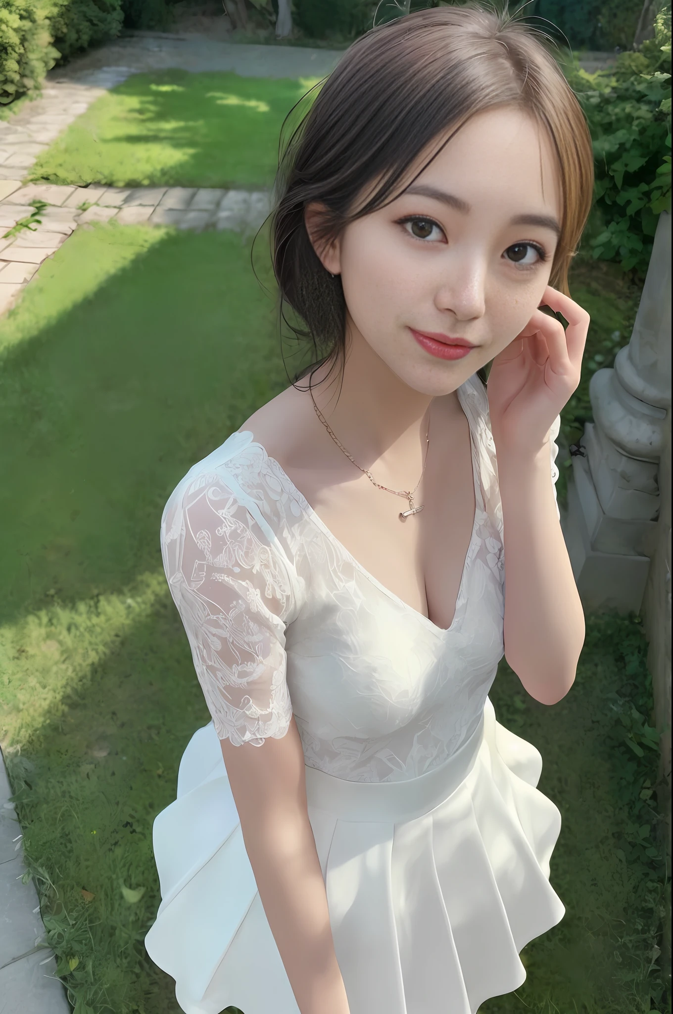 RAW, (Intricate Details: 1.3), (Best Quality: 1.3), (Masterpiece: 1.3), (Realistic:1.4), (Masterpiece, Best Quality, Ultra Detailed), [Reflection], Ultra Realistic,
(Best Lighting, Best Shadows, Extremely Delicate and Beautiful), shot by Canon EOS, SIGMA Art Lens 35mm F1.4, ISO 200 shutter speed 2000, vivid picture, 1 girl, super detailed,
Ultra-high resolution, very detailed physically based rendering, dynamic angles, dynamic poses, wind, 8K UHD, vivid graphics, high definition, high-quality textures, complex details,
Accent lighting, (Backlight:1.3), Professional lighting, Face lighting, Film lighting, Bokeh,
(Best Quality True Texture Skin: 1.4), Fine Fine Eyes, Fine Fine Face, Fine Eyes,
Fine texture, fine detail, high detail, extremely detailed CG, high quality shadows, realistic facial expression, (high detail skin, skin detail), slender waist, beautiful realistic and detailed hands and fingers: 1, optimal ratio of four fingers and one thumb, (detailed face, detailed eyes, beautiful face), belly fat: 0.1, looking at the audience,
1girl, 19yo, (sparkling eyes: 1.3), (sparkling lips: 1.3), (necklace), (looking at the audience), (small breasts), (dresses and pleated skirts), (from below), (open legs: 0.7), (tired sleepy and smiling: 1.2),
Outdoor, (in the middle of a rose garden), (long shot, full body shot, rule of thirds)