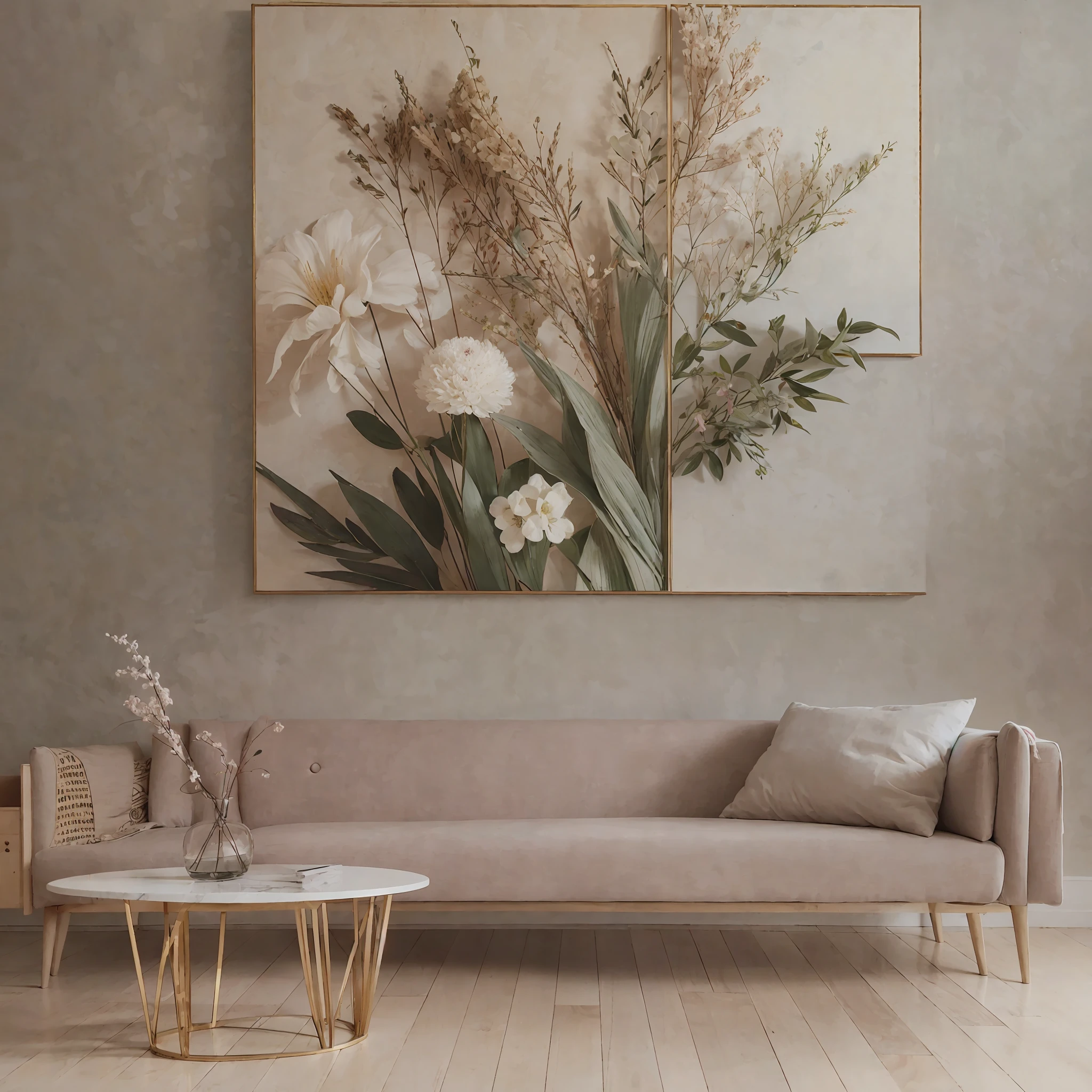 A masterful work is displayed with the best quality in this setting. The painting is richly detailed, with ultra-detailed strokes that reveal the artist's exceptional skill. The canvas is framed to perfection, placed on an immaculate white wall, providing a sophisticated contrast. The high definition of the image allows each brush stroke to be appreciated in its entirety. The camera captures the smooth angle of the work, highlighting its more subtle and charming aspects. The theme chosen is soft and elegant, with predominant shades of pink that evoke a sense of calm and serenity. Gold details punctuate the composition, adding a touch of sophistication and glamour. The minimalist style permeates the work, conveying a sense of refined simplicity. Each element is carefully placed, generated in a visual harmony that is both engaging and pleasing to the eye. The influence overflows from the traces of the painting, creating an atmosphere of timeless beauty. --auto --s2