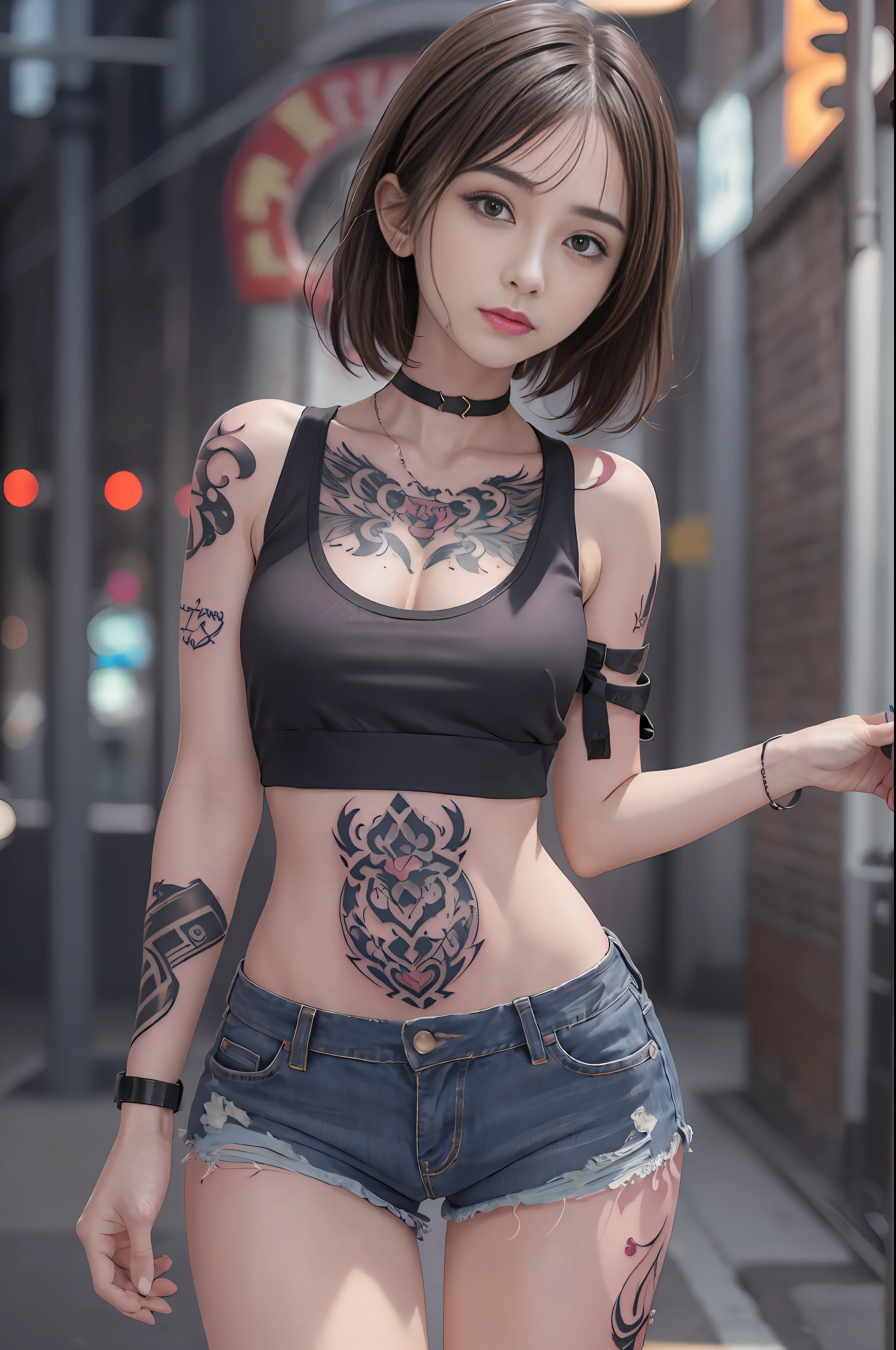 ((medium breast, tomboy girls, small head)),  (chiseled abs : 1.1), (perfect body : 1.1), (short wavy hair : 1.2) , auburn hair, collar, chain, full body shot, crowded street, wearing black tanktop, jeans jacket, (torn clothes:1.3)((shorts)), (extremely detailed CG 8k wallpaper), (an extremely delicate and beautiful), (masterpiece), (best quality:1.0), (ultra highres:1.0),  beautiful lighting ,perfect lightning, realistic shadows, [highres], detailed skin, ultra-detailed (((colorful))),(tattoo all:1.5),