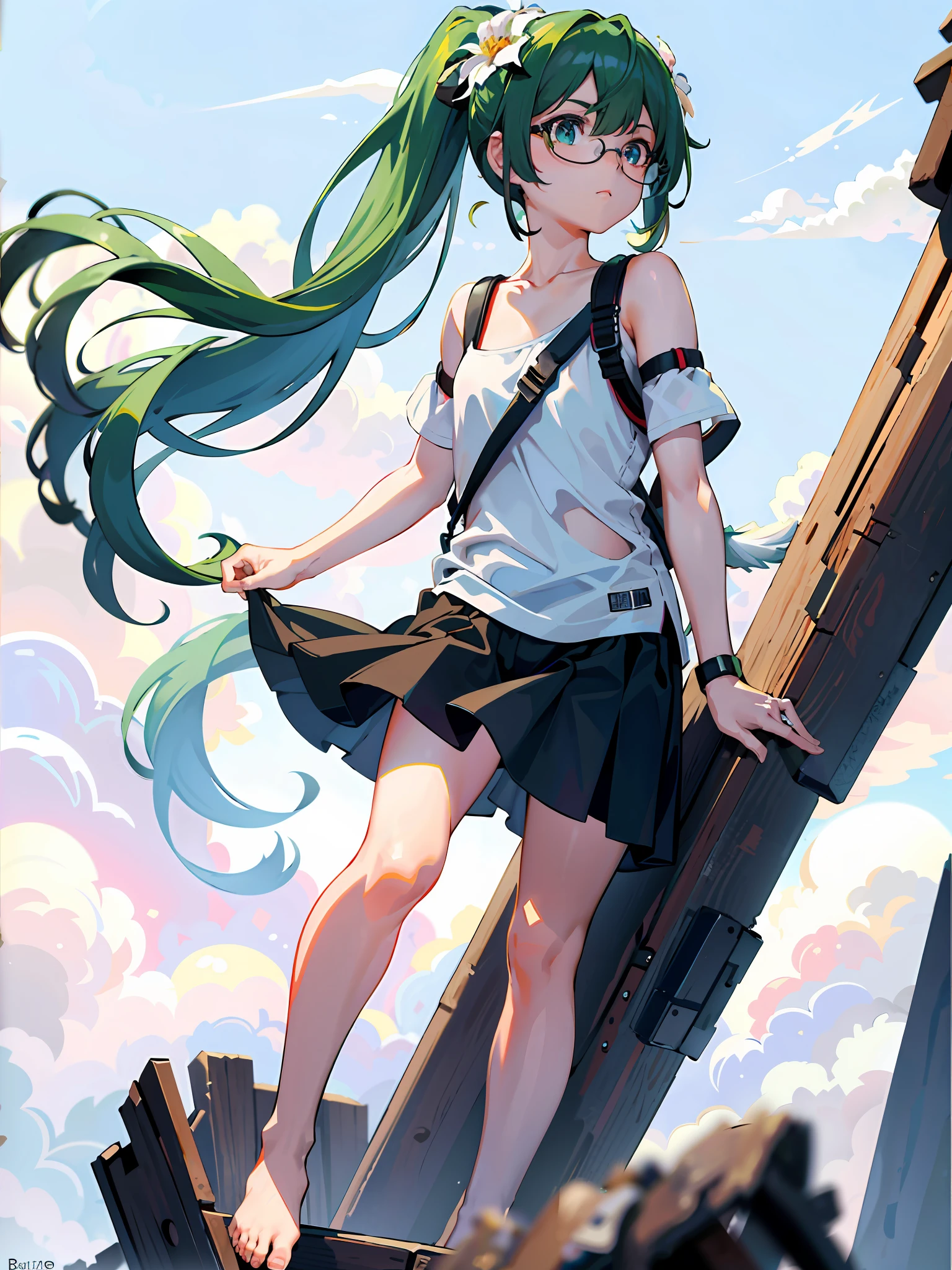 (8k, best quality, masterpiece: 1, 2), (realistic, realistic: 1, 37), top quality, masterpiece, no inner inside, glasses, green hair, long hair, bangs, big ponytail, heterochromia, blue pupil of left eye, red pupil of right eye, angel wings, head ring, white head flower, casual wear, black backpack strap, neck strap, bare foot, bare foot, single foot, leg ring, flat chest, tomboy