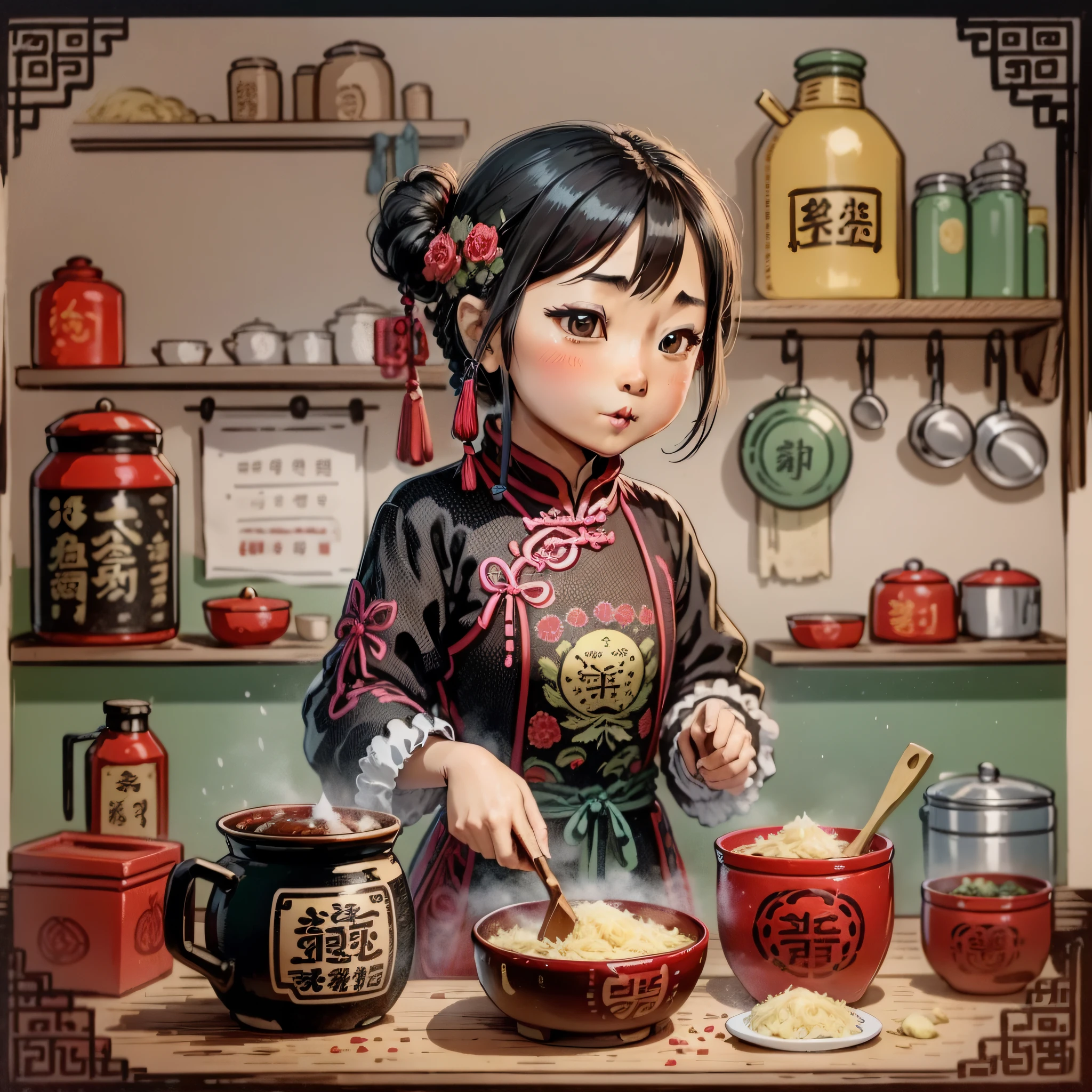 The main body is sauerkraut food, traditional Chinese style, national chao hand-drawn style, cartoon characters, Chinese clothing, cooking food