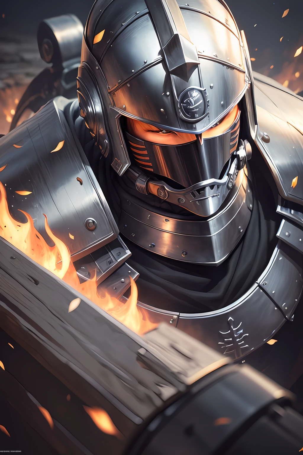 (masterpiece,8k hd wallpaper, ultrahd ) naruto has a medieval knight , darkvibes , superhigh definition , full metal body , use a spartan helmet ((super realistic))