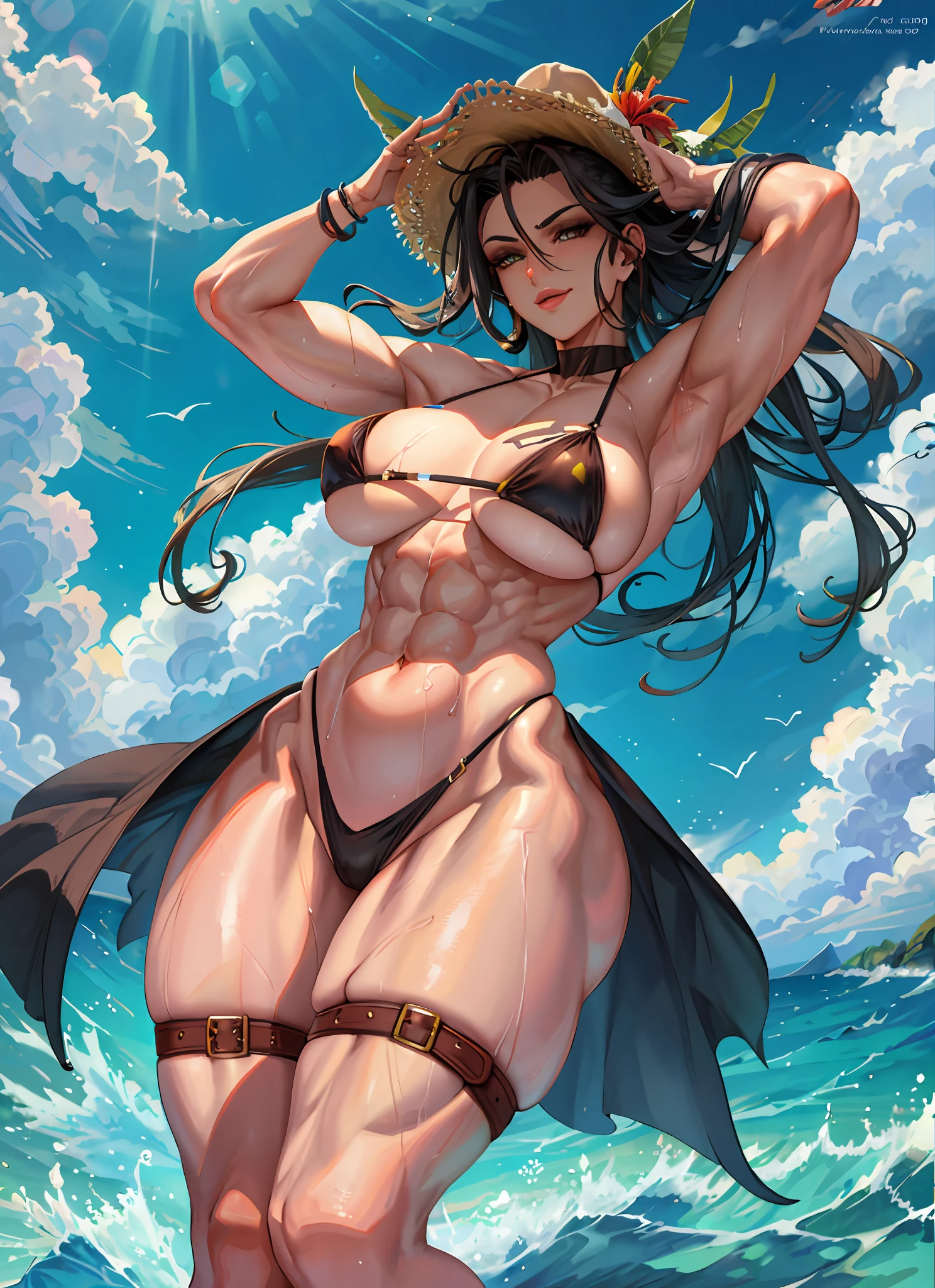 1girl, beautiful, perfect lighting, muscular female, thighs, large , armpits, mature , milf, lookingviewer (masterpiece, high quality:1.2) micro bikini, beach, bright, sunlight, water, wet, wet clothes, happy, happy, wind, navel, abs