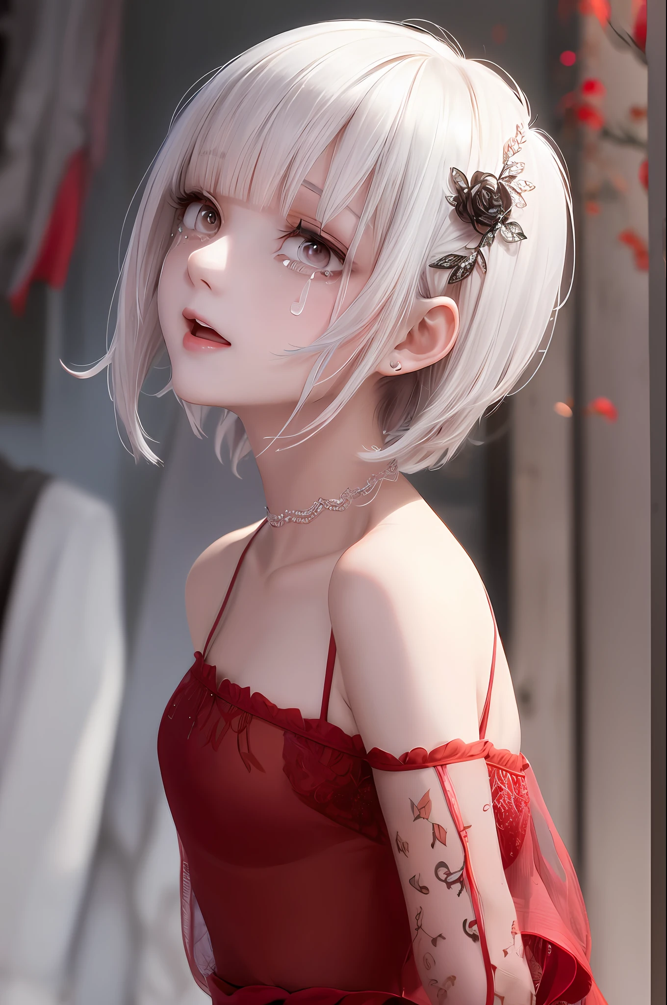 23
(very delicate and beautiful), (very delicate and beautiful), (hands lethargic) (rough clothes), (sad), (dynamic angle, portrait), (black hair), (beautiful eyes), fluttering walking, white skin, depth of field, , short-cut, (cold eyes), (red mesh), (1 person), no hair ornaments, cute girl, ( No hair ornament))((Crying laughter))(Blood)(Dark room background)