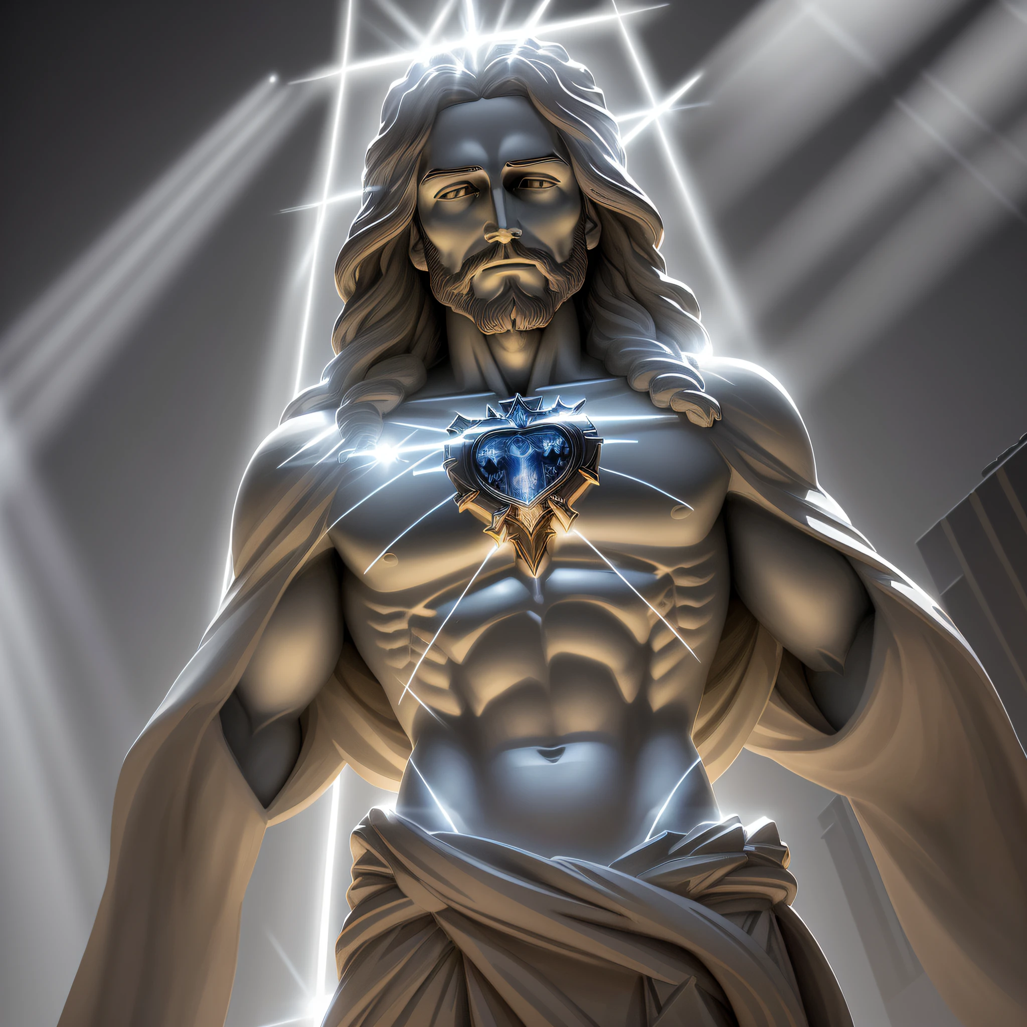 a statue of Jesus Christ, (with beams of light in the background:1.4), sacred heart in the chest, Clint Cearley, a marble sculpture, (cinematic:1.4), slate gray atmosphere, hyperdetailed, soft tones, insane details, low contrast,