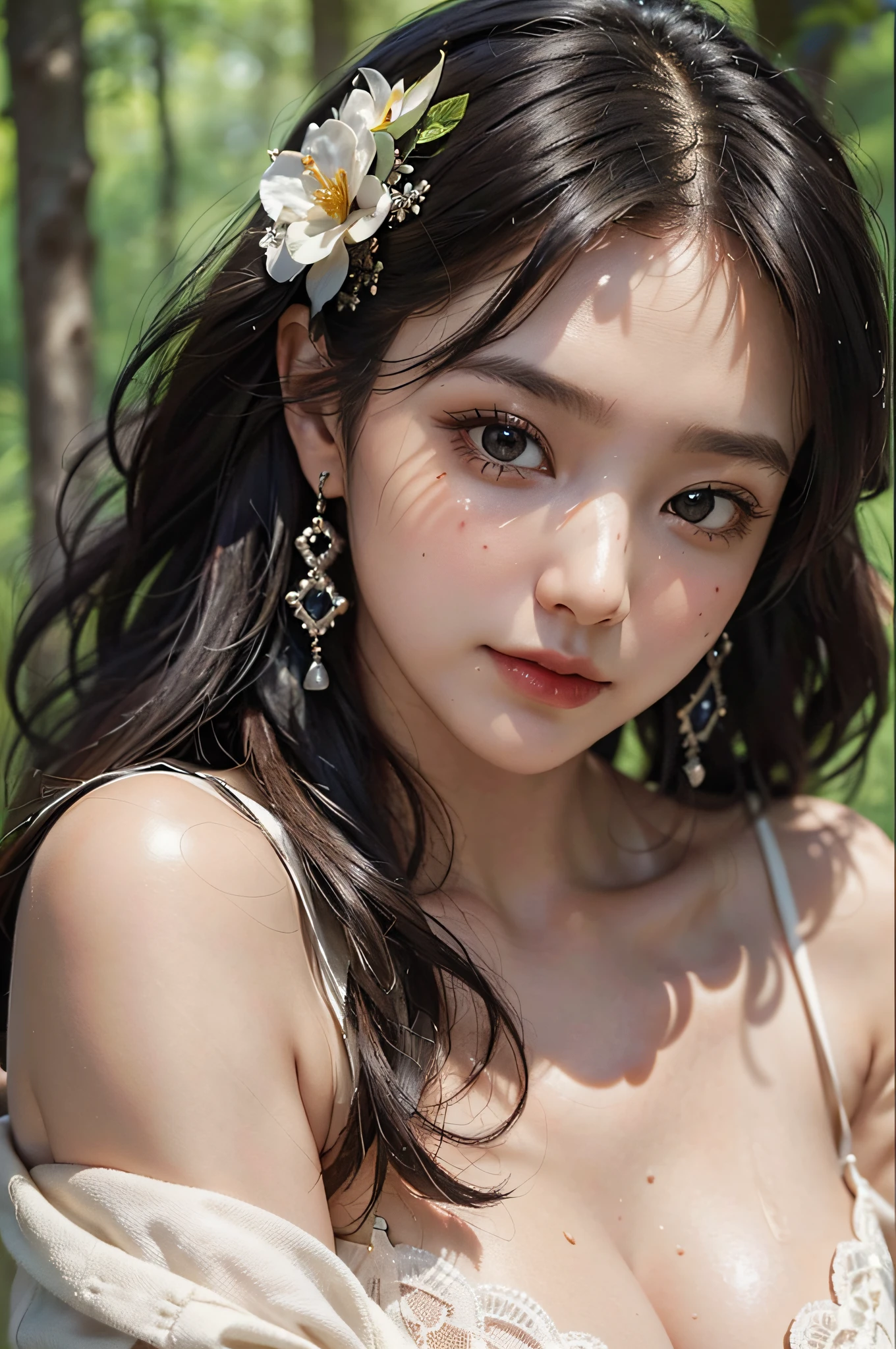 (highest quality, 8K, masterpiece), (best illustration), very delicate and beautiful, very detailed, CG, unity, amazingly fine detail, ultra high resolution, highly detailed eyes and face, superbly detailed eyes, (fluffy black eyes: 1.21), (best shadows: 1.1), (photorealistic: 1.1), realistic face proportions, (makeup: 0.4), handsome woman, solo, (( Big breasts)), (deep cleavage), (slim figure), smiling at the viewer, (Knitted off-the-shoulder: 1.5)), wet skin, dark brown hair, earrings, (cowboy shots: 1.3), (irregular skin imperfections, veins, wrinkled pores on the skin: 1.2), (in the woods: 1.3), (bokeh: 1.4)